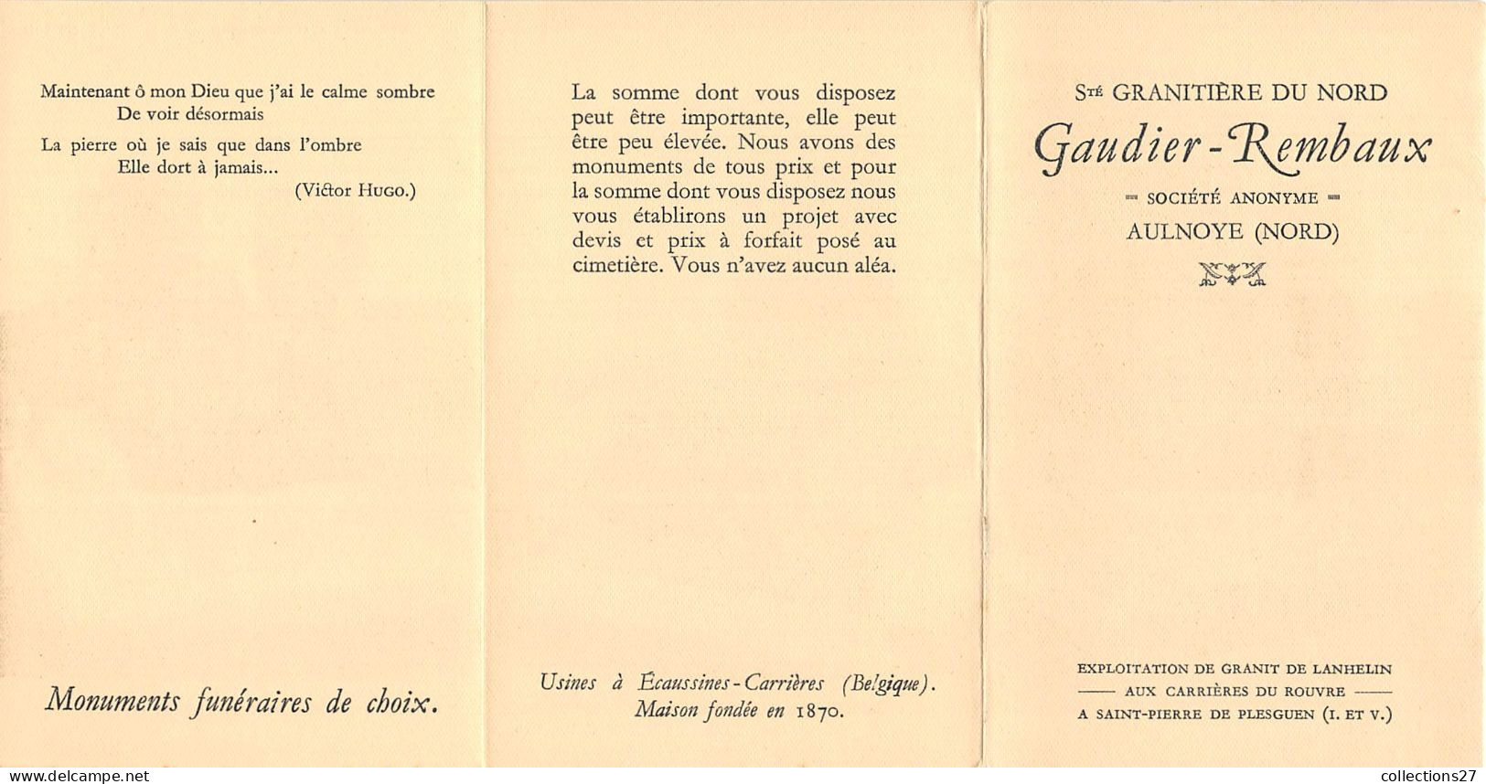 59-AULNOYE- DEPLIANT STE GRANITIERE DU NARD - GAUDIER-REMBAUX - MONUMENTS FUNERAIRES - Andere & Zonder Classificatie