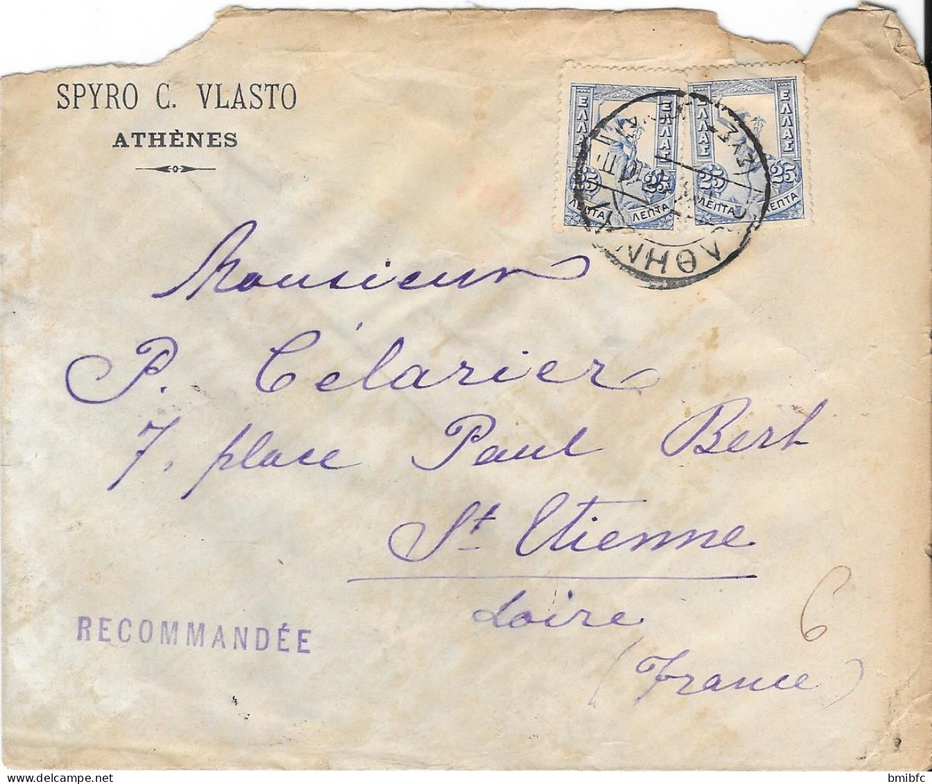 Sur Lettre Recommandée - SPYRO C. VLASTO - ATHÈNES - Storia Postale