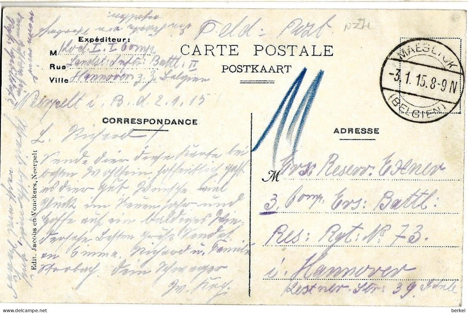 NEERPELT KANAAL PAARD KOETS FELDPOST STEMPEL  MAESYCK 1915  D1 Nr 093 - Neerpelt