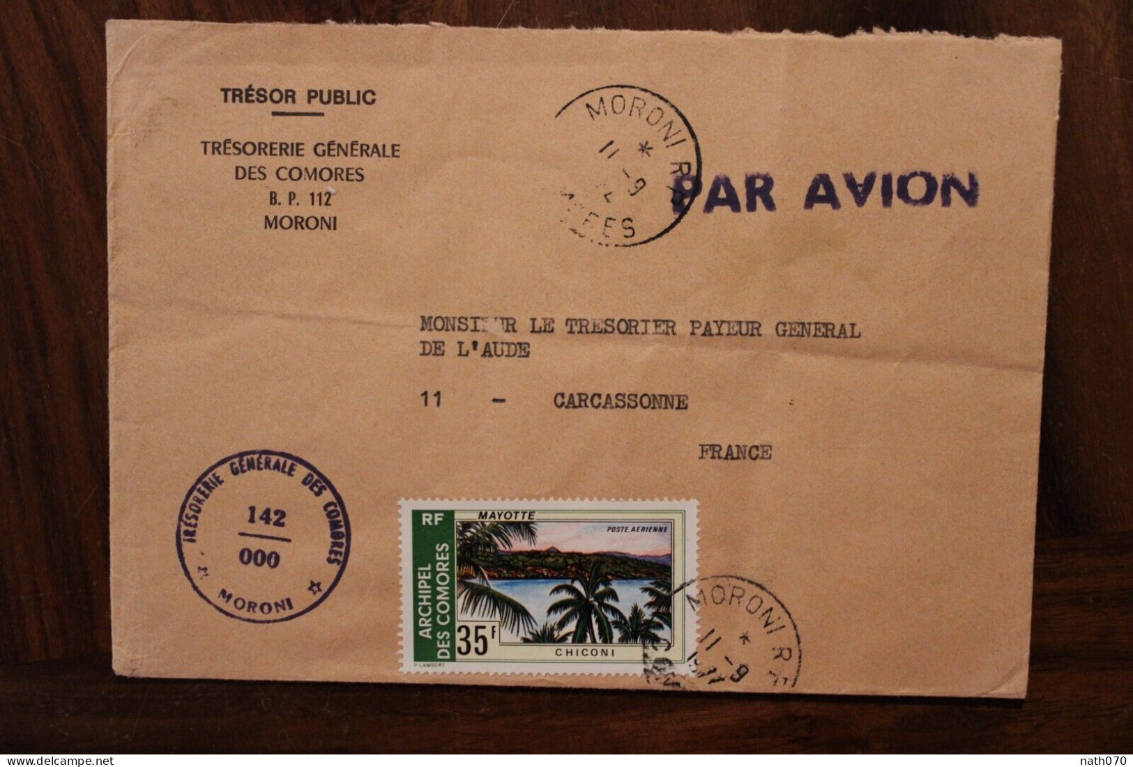 1977 Comores Trésorerie Générale Pour France Carcassonne Cover Air Mail Poste Aerienne Par Avion Timbre Mayotte - Comoren (1975-...)