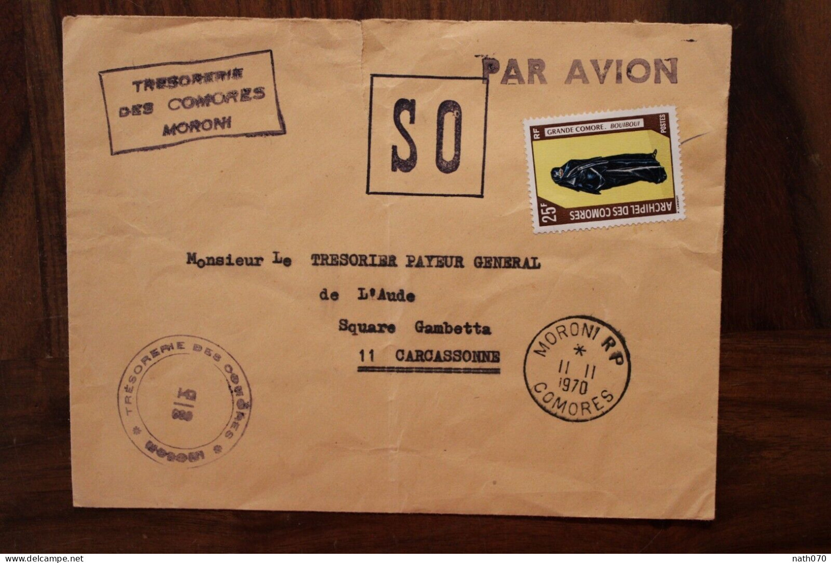 1970 Comores Trésorerie Générale Pour France Carcassonne Cover Air Mail Poste Aerienne Par Avion - Brieven En Documenten