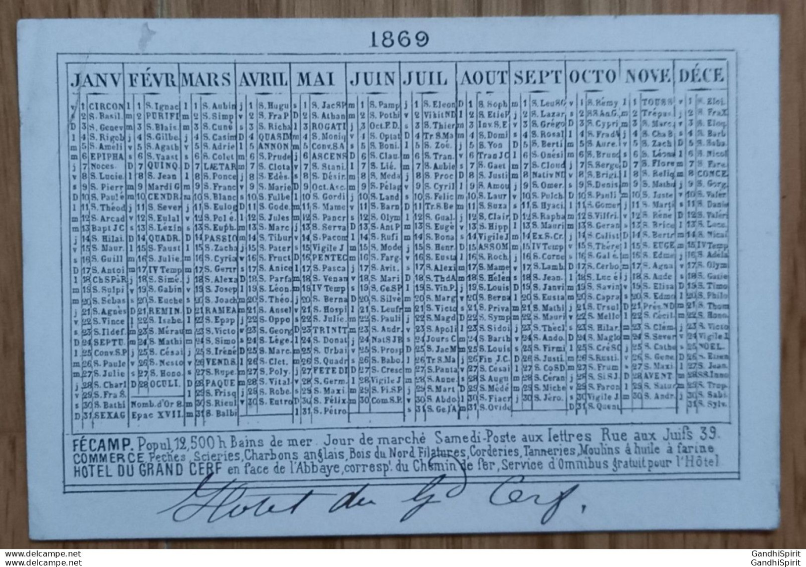 1869 Calendrier De L'Hotel Du Grand Cerf, William Lemierre De Fécamp - Litho Acker - Horaires Chemin De Fer De Fécamp - Small : ...-1900