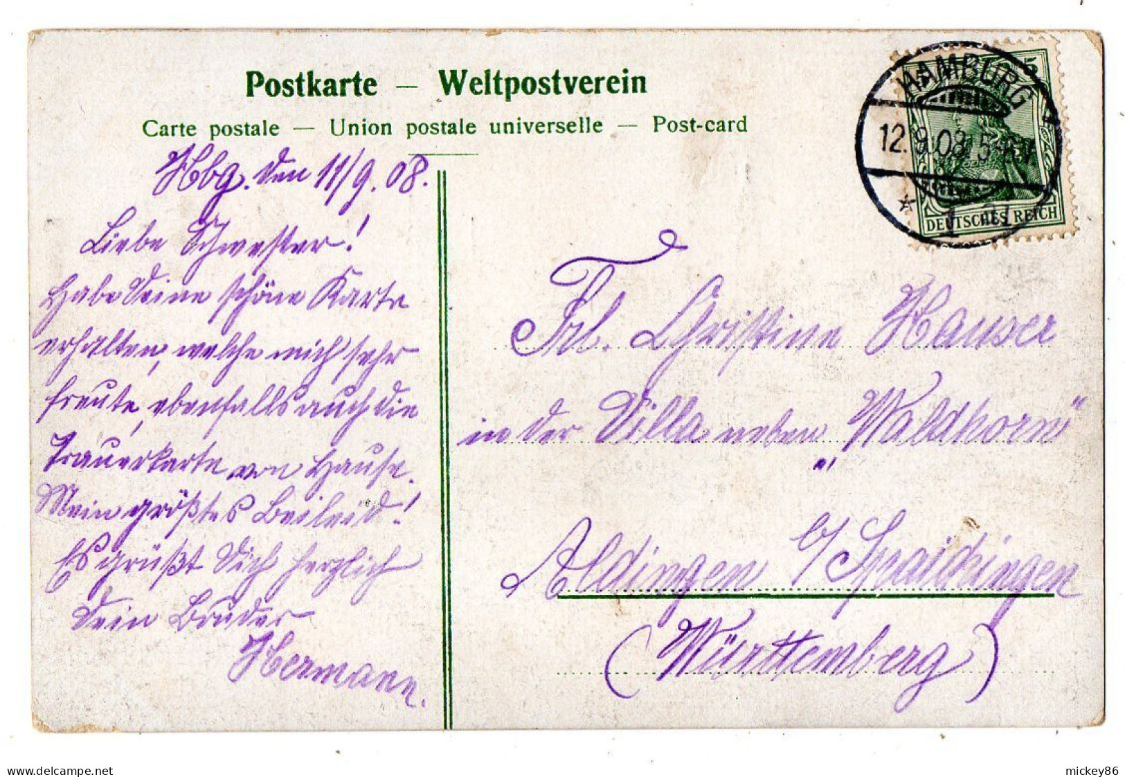 Allemagne--HAMBOURG--1908-- Reesendammbruecke Jungfernstieg Alster-Arkaden...colorisée...timbre....cachet - Other & Unclassified