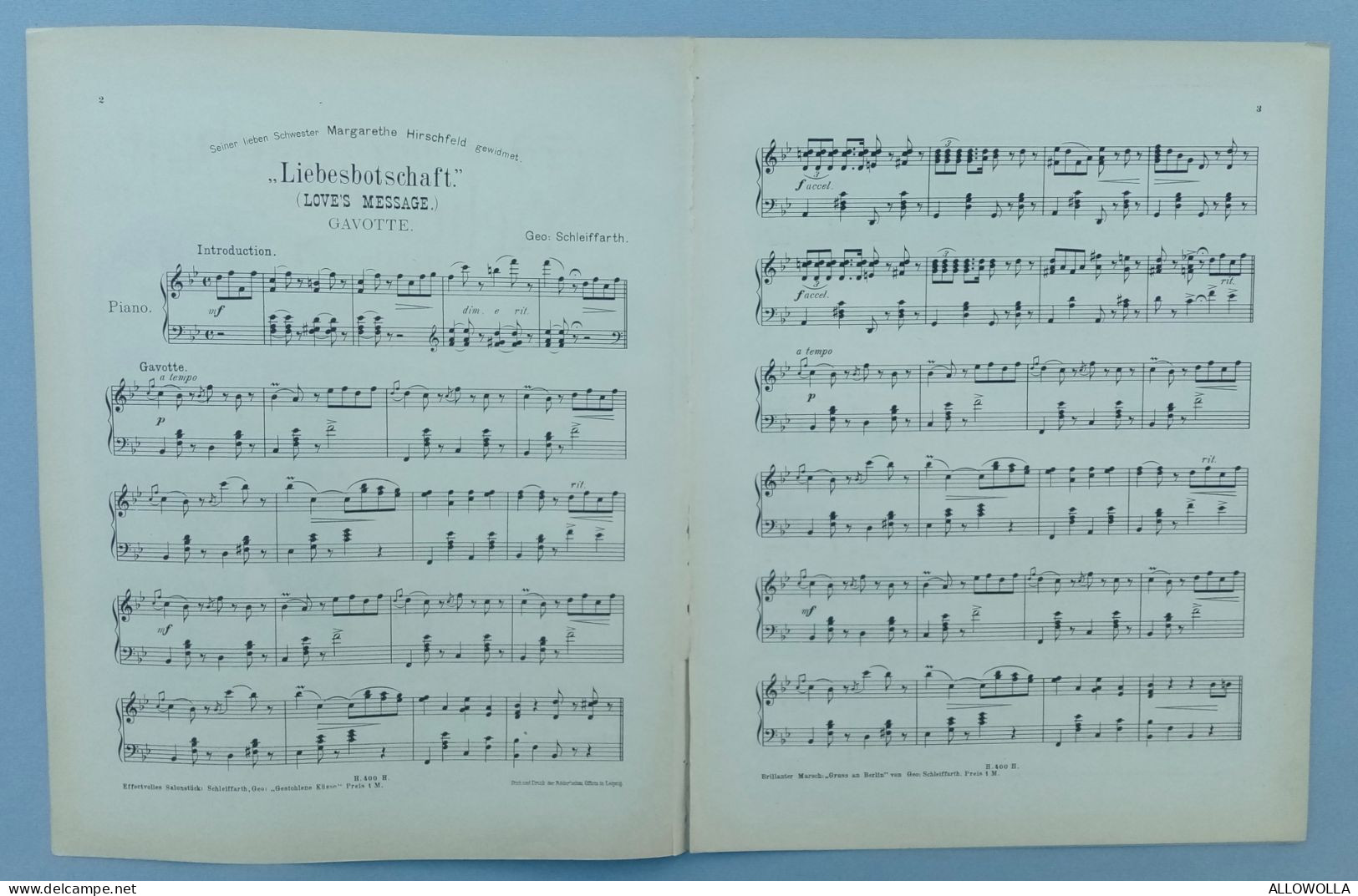 20370 "LIEBESBOTSCHAFT-GAVOTTE FUR PIANOFORTE-DEUTSCHE MUSIKALISCHE PARTITUR MIT LITHOGR.-1875-1890--33X26 Cm. UM" - Partitions Musicales Anciennes