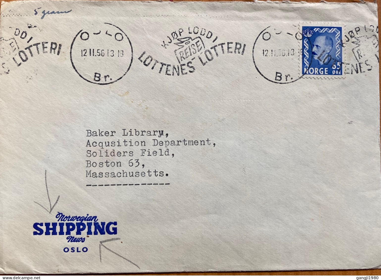 NORWAY 1956, COVER USED TO USA, NORWEGIAN SHIPPING NEWS, MACHINE SLOGAN, KJOP LODDI REISE LOTTENS LOTTERI, KING HAAKON S - Storia Postale