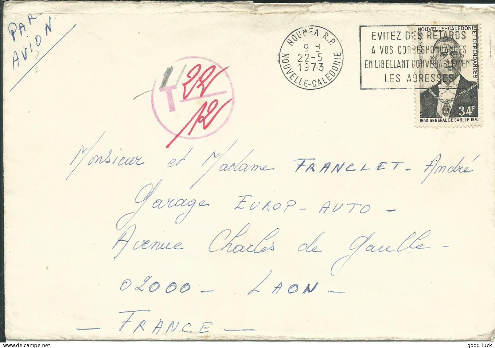 NOUVELLE CALEDONIE 34F SUR LETTRE PAR AVION  DE NOUMEA POUR LAON ( AISNE ) TAXEE DE 1973  LETTRE COVER - Storia Postale