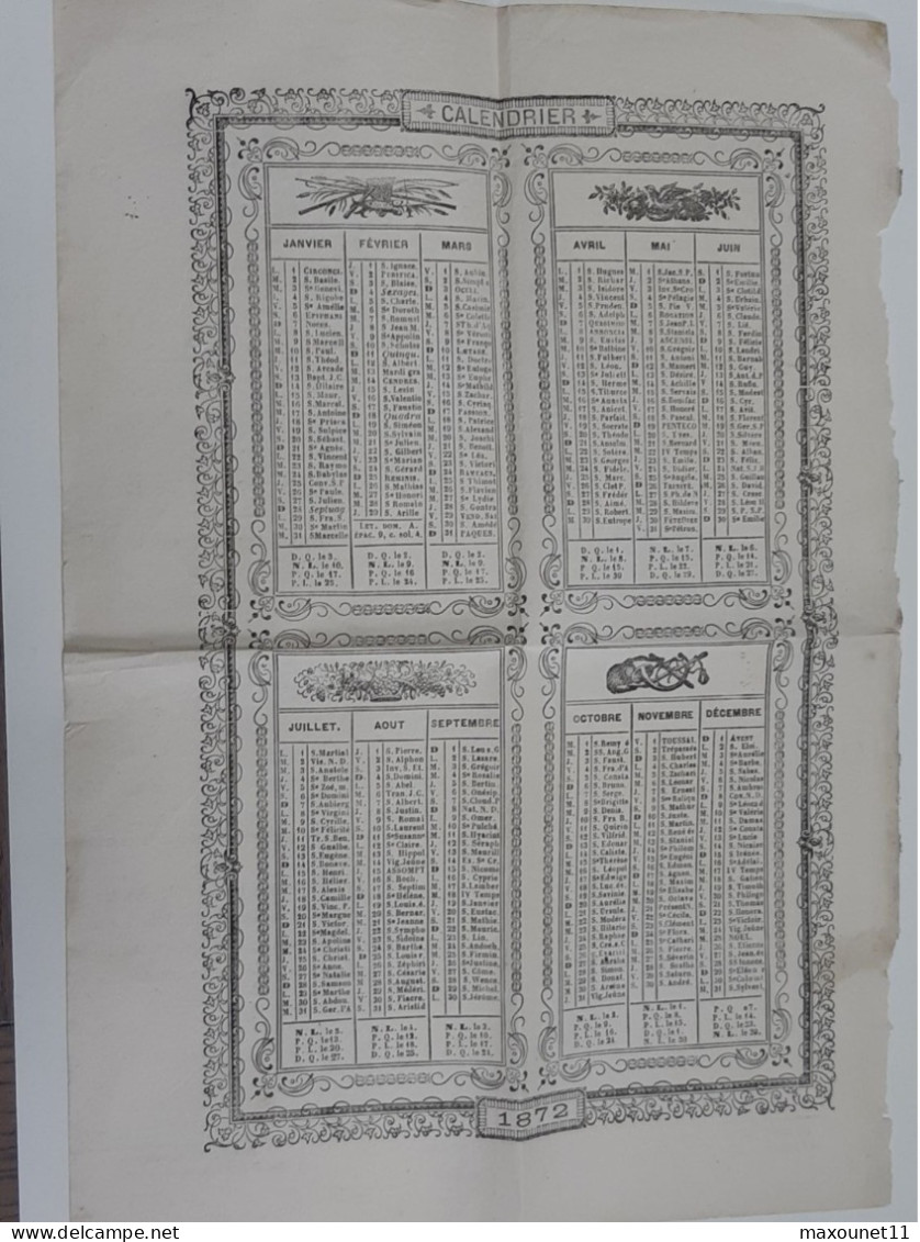 Ancien Calendrier Sur Feuille De L'année 1872 .. Lot425 . - Kleinformat : ...-1900