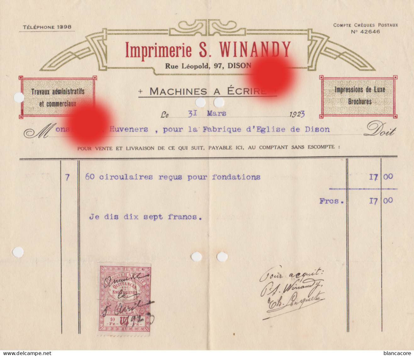 DISON 1923 Imprimerie WINANDY  Rue Léopold - Imprenta & Papelería