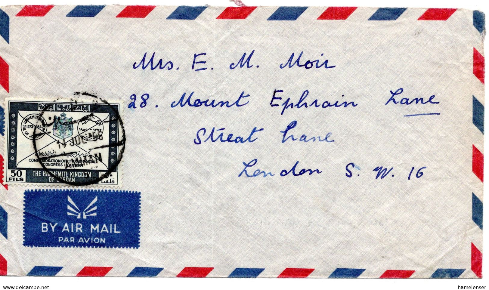 66013 - Jordanien - 1956 - 50F Arabischer Postkongress EF A LpBf AMMAN -> Grossbritannien - Jordan