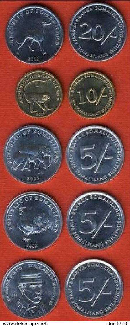 Somaliland 5-20 Shillings 2002-2005, Set5, Animals, KM#3-6,19, Unc - Somalie