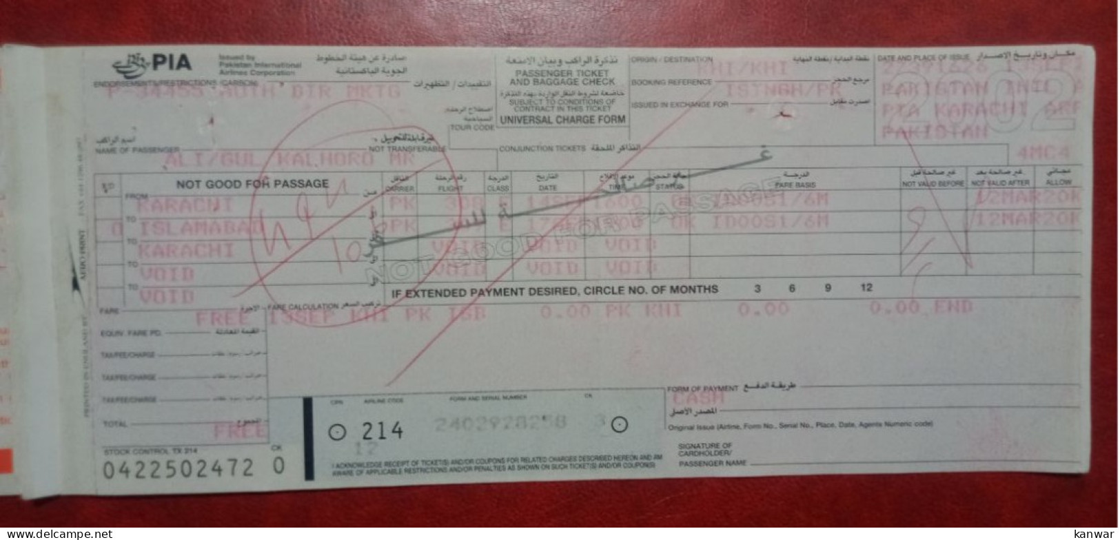 2002 PIA PAKISTAN INTERNATIONAL AIRLINES PASSENGER TICKET AND BAGGAGE CHECK - Tickets