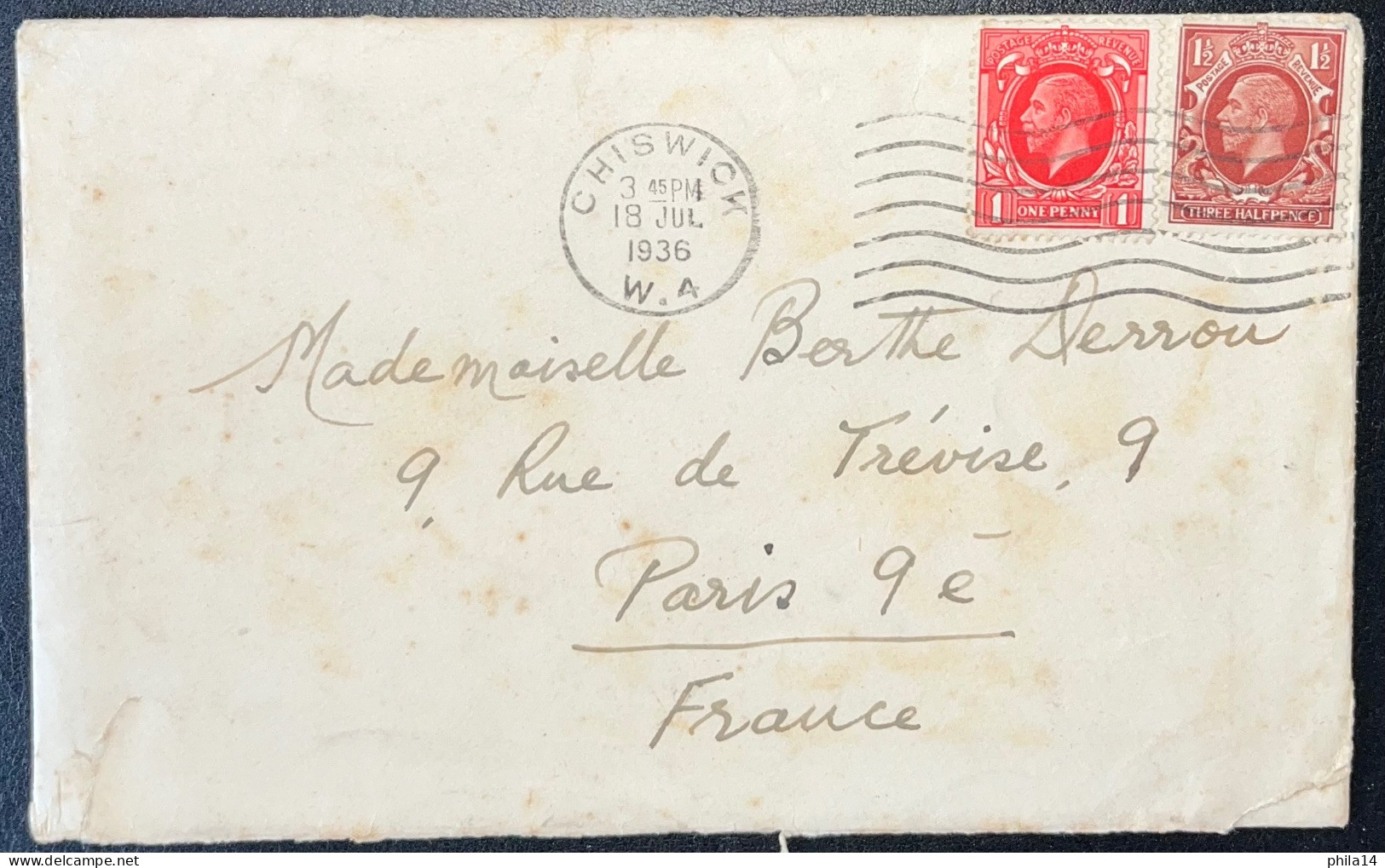 ENVELOPPE / CHISWICK POUR PARIS FRANCE 1936 - Covers & Documents