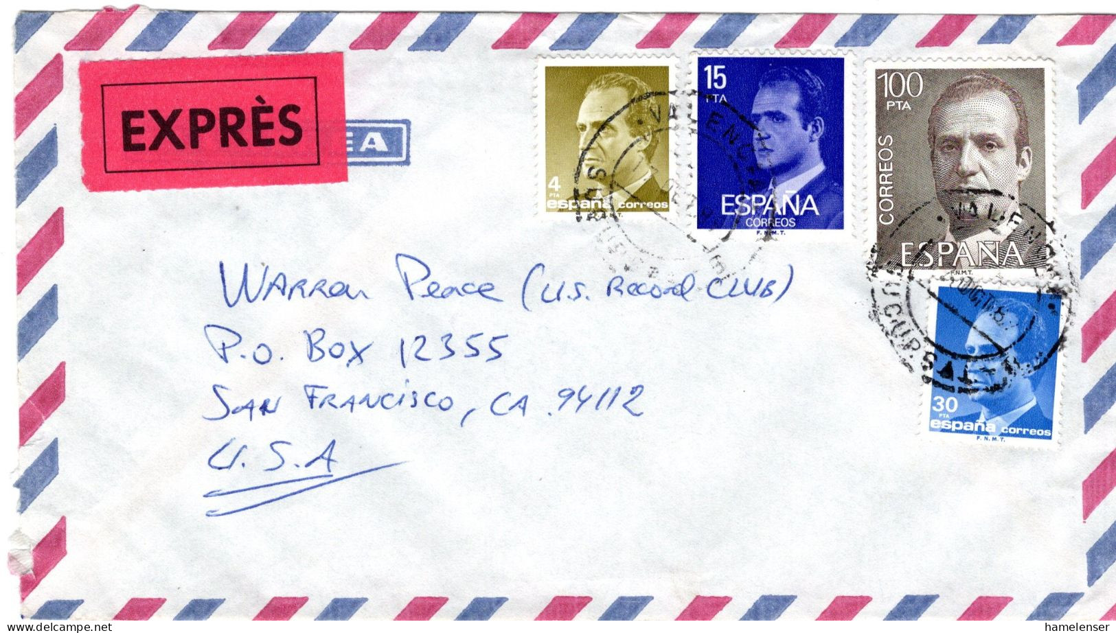 66022 - Spanien - 1989 - 100Ptas Juan Carlos MiF A EilBf VALENCIA -> SAN FRANCISCO, CA (USA) - Briefe U. Dokumente