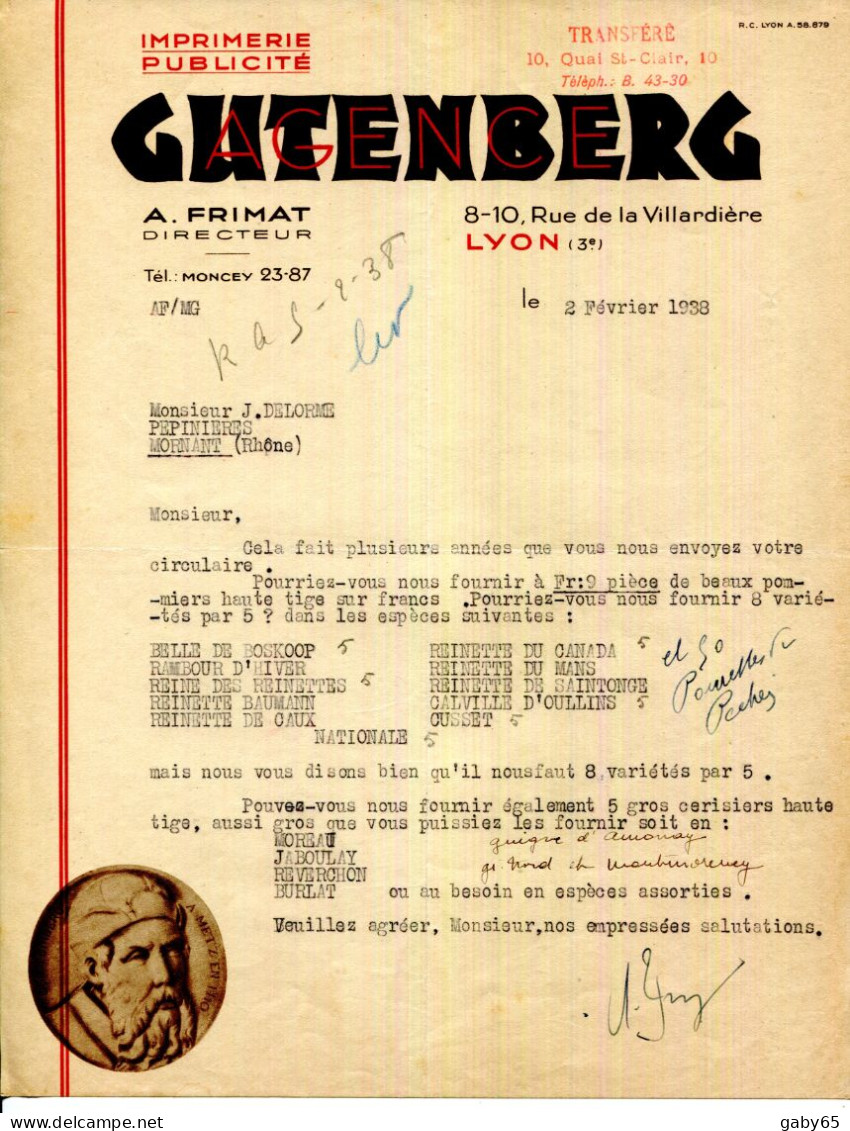 FACTURE.LYON.IMPRIMERIE.PUBLICITE.AGENCE GUTENBERG.A.FRIMAT DIRECTEUR 8-10 RUE DE LA VILLARDIERE. - Imprenta & Papelería