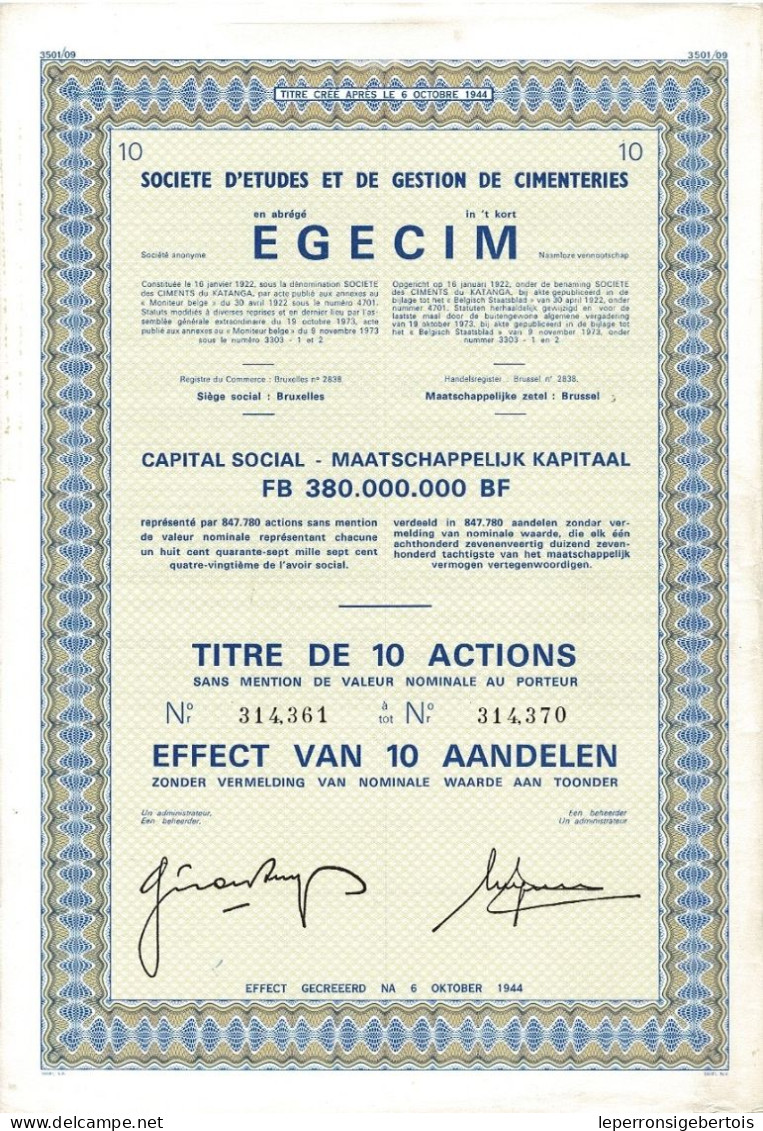 Titre De 1973 - Société D'Etudes Et De Gestion De Cimenteries - EGECIM - - Afrika