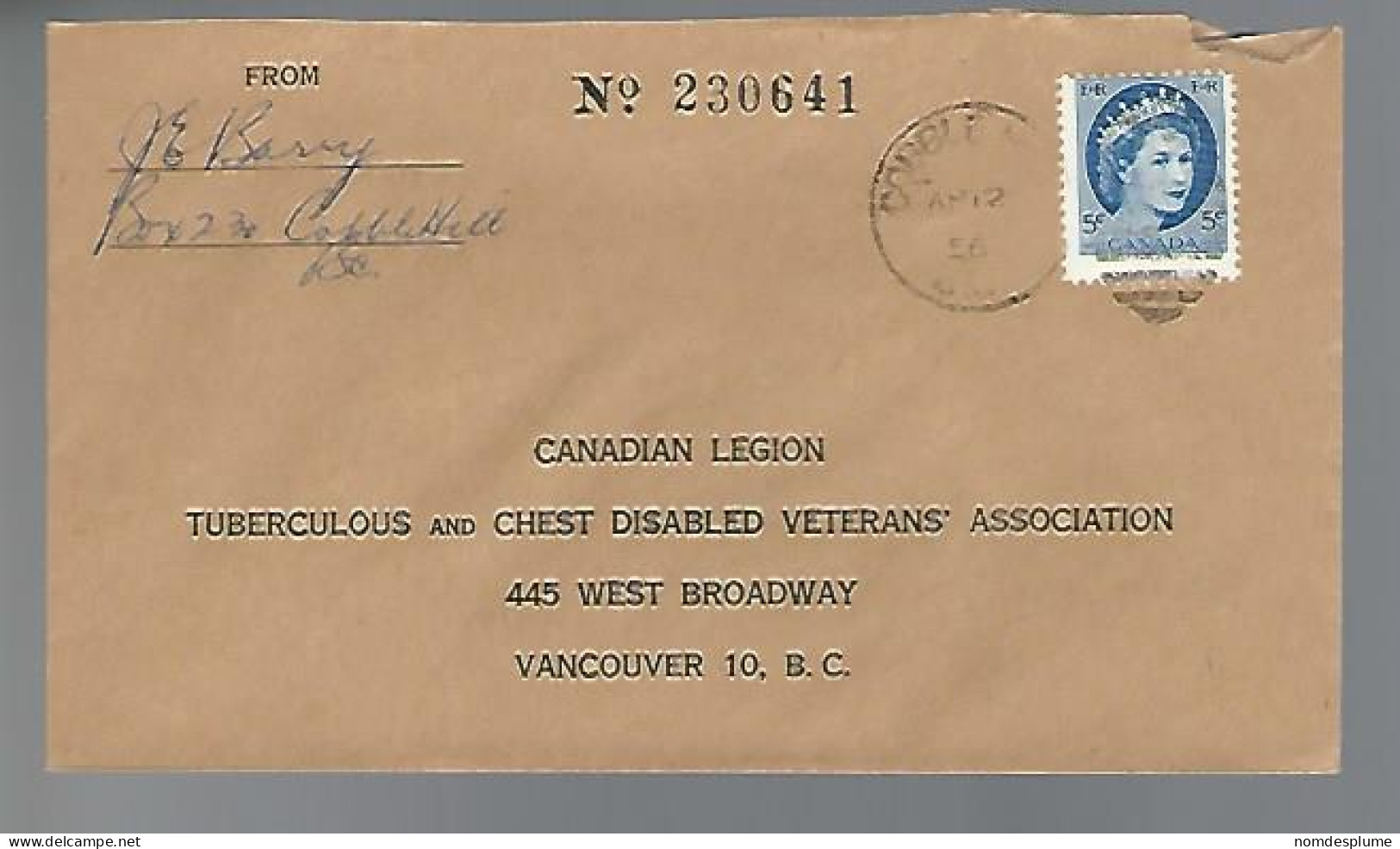 58097)  Canada BC Cobble Hill Duplex  Postmark Cancel 1956 - Covers & Documents