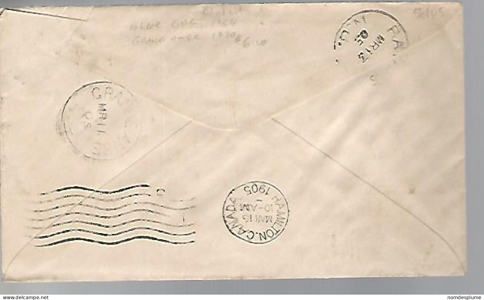 58105)  Canada Bluecove  Grandanse (Closed) Hamilton Postmark Cancel 1905 Duplex - Cartas & Documentos