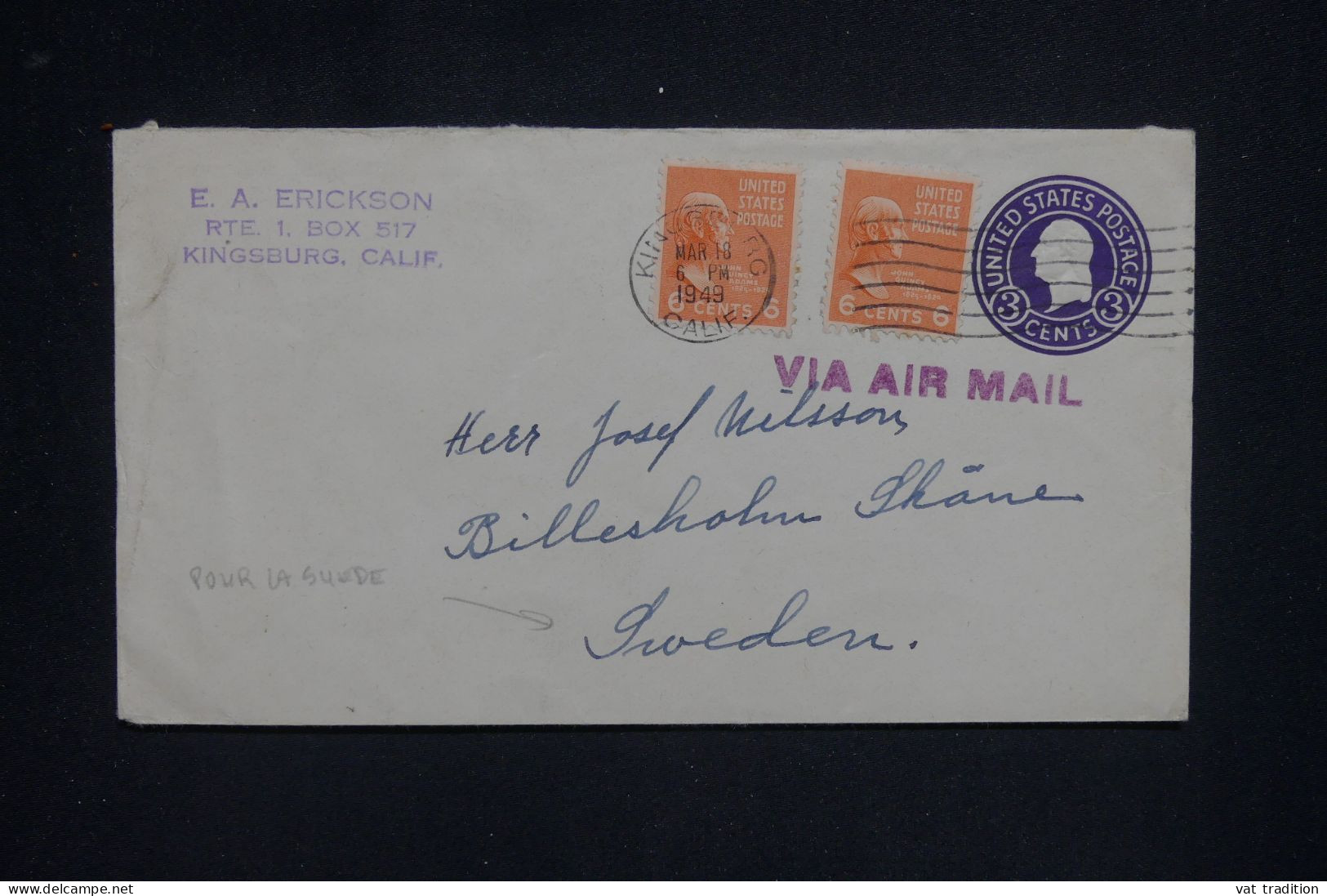 ETATS UNIS - Entier Postal + Compléments De Kingsburg Pour La Suède En 1949  - L 143597 - 1941-60