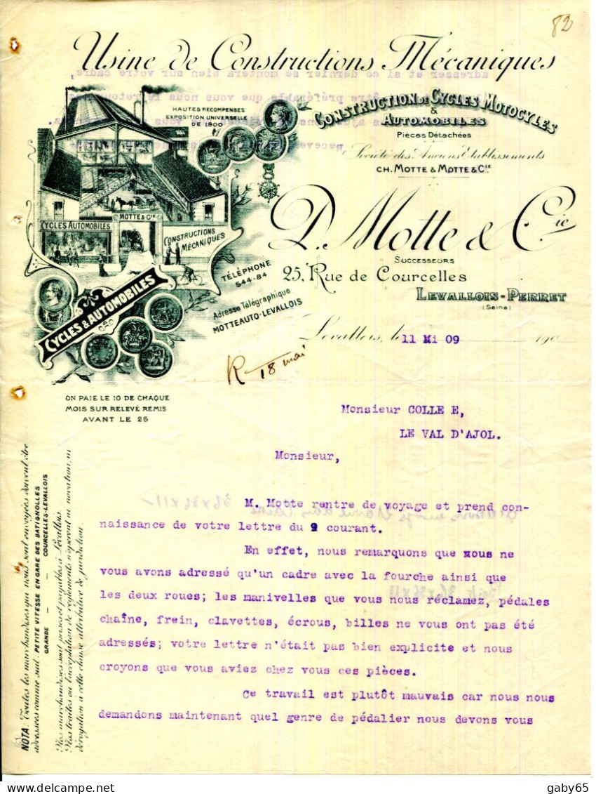 FACTURE.92.LEVALLOIS-PERRET.CONSTRUCTIONS DE CYCLES,MOTCYCLES & AUTOMOBILES.D.MOLLE & Cie. 25 RUE DE COURCELLES. - Automobile