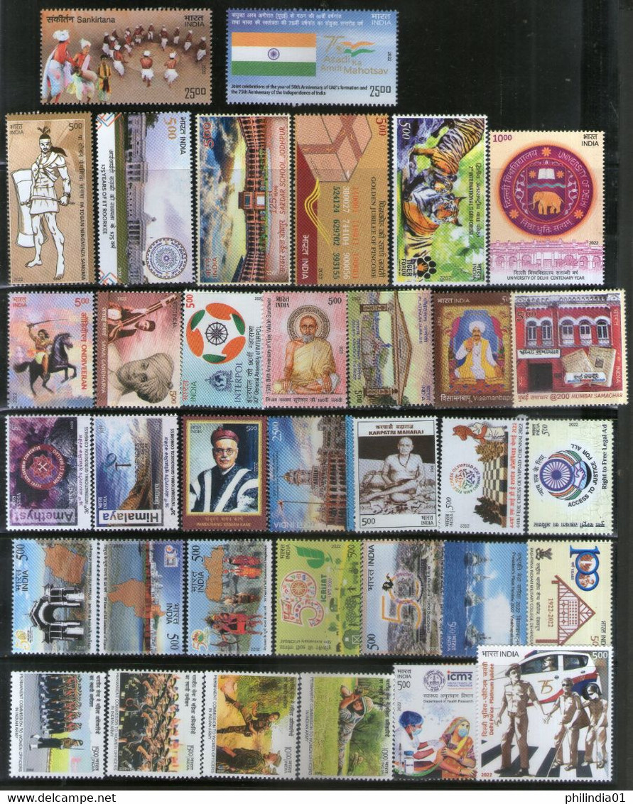 India 2022 Year Pack Of 35 Stamps On Covid-19 Sikhism Military Tiger Police Joints Issue MNH - Annate Complete