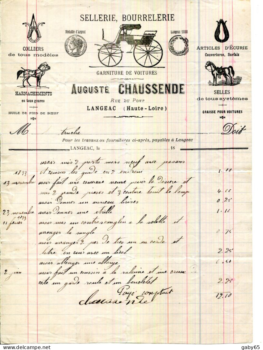 FACTURE.43.HAUTE LOIRE.LANGEAC.SELLERIE.BOURRELLERIE.AUGUSTE CHAUSSENDE RUE DU PONT. - Petits Métiers