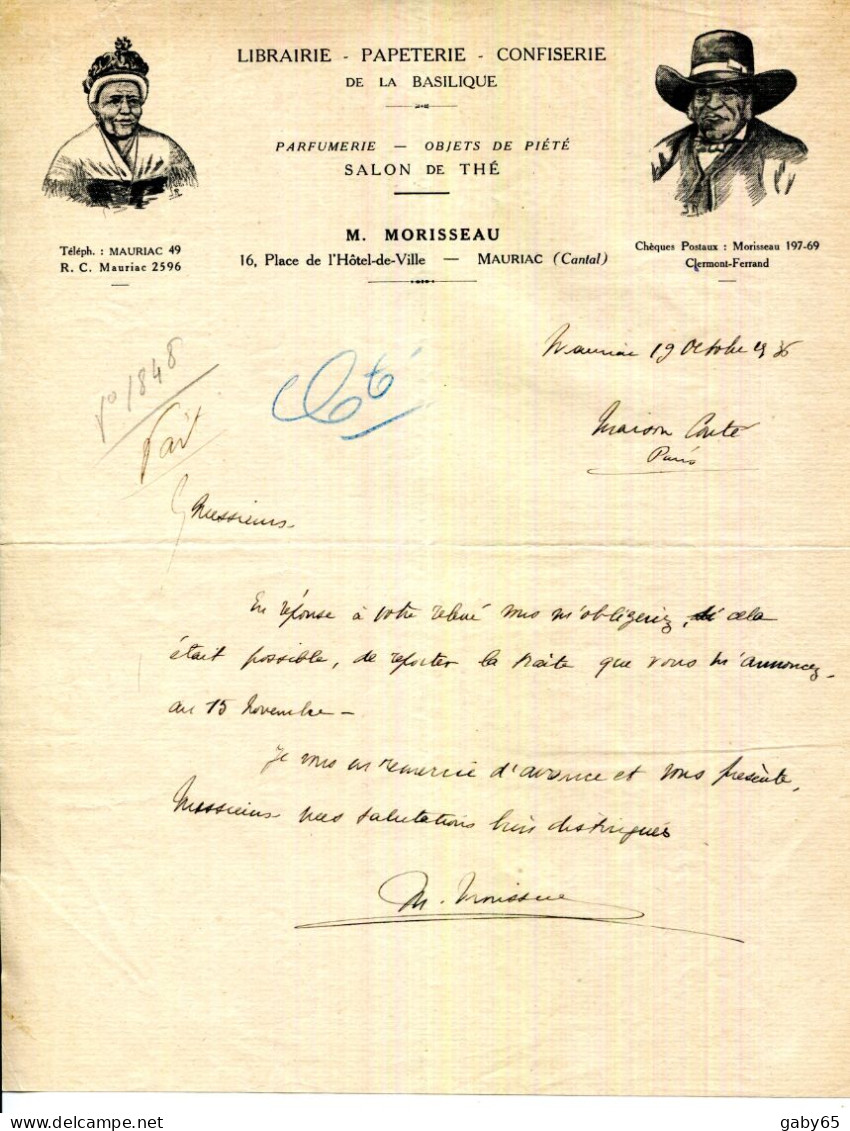 FACTURE.15.CANTAL.MAURIAC.LIBRAIRIE.PAPETERIE.CONFISERIE DE LA BASILIQUE.M.MORISSEAU 16 PLACE DE L'HOTEL DE VILLE. - Imprenta & Papelería