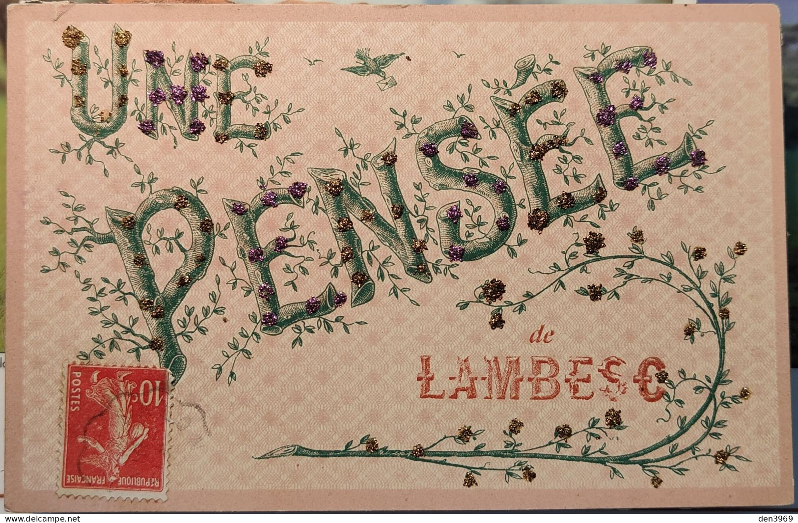 Une Pensée De LAMBESC (Bouches-du-Rhône) - Fantaisie + Paillettes - Voyagé (2 Scans) Simonet Ingénieur, Rue Assalit Nice - Lambesc