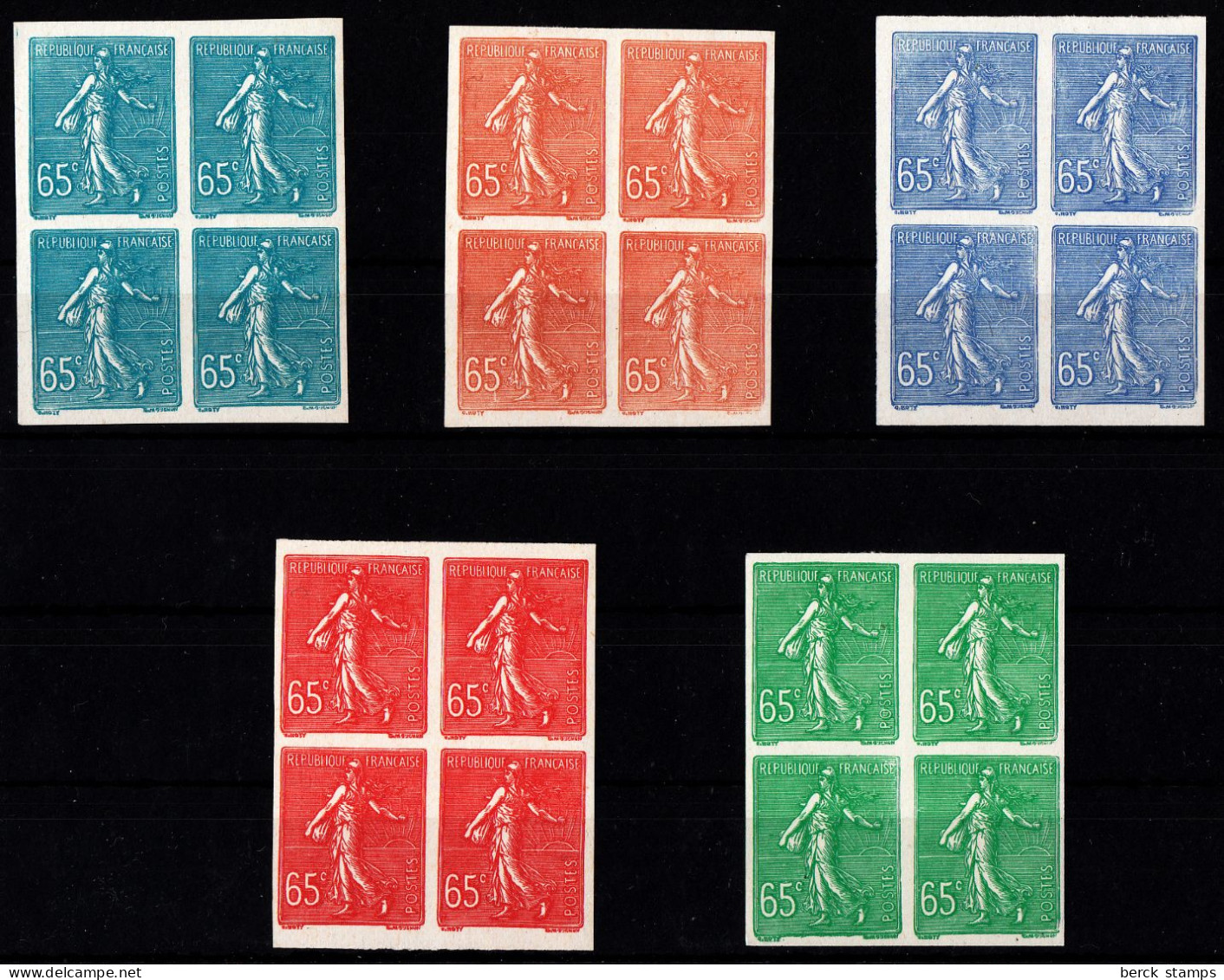 FRANCE - N° 201 - SEMEUSE LIGNÉE  65c - Essais - 5 Blocs De 4 - LUXE. - Pruebas De Colores 1900-1944