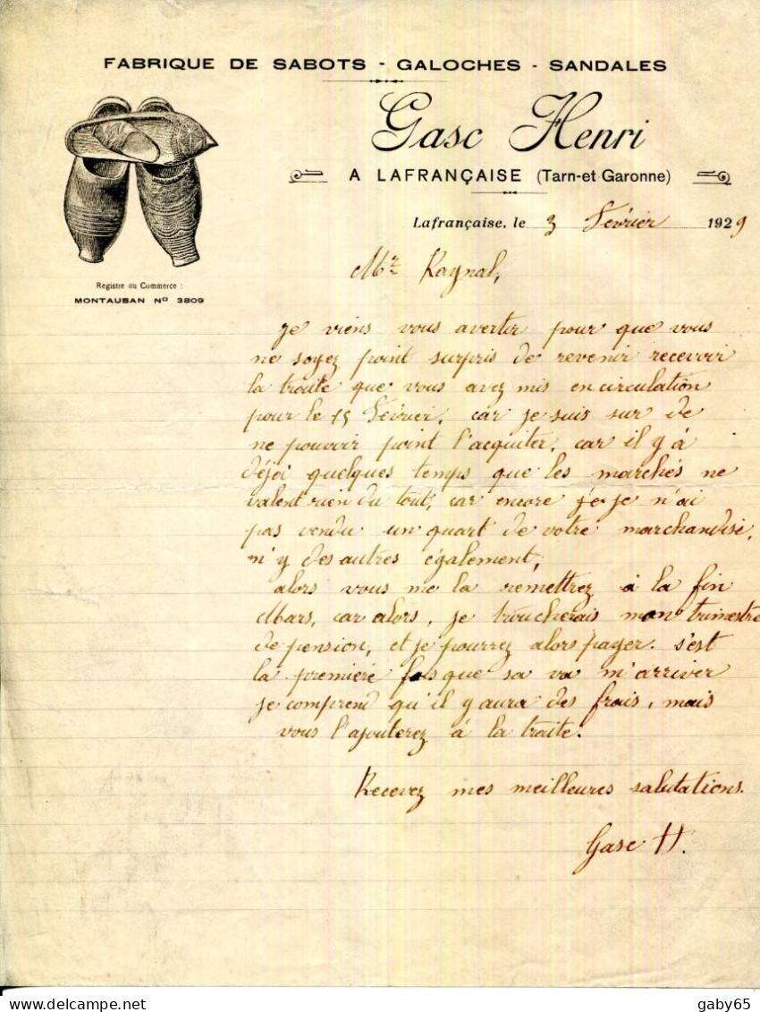 FACTURE.82.LA FRANÇAISE.MANUFACTURE DE SABOTS.GALOCHES.SANDALES.GASC HENRI. - Textile & Vestimentaire