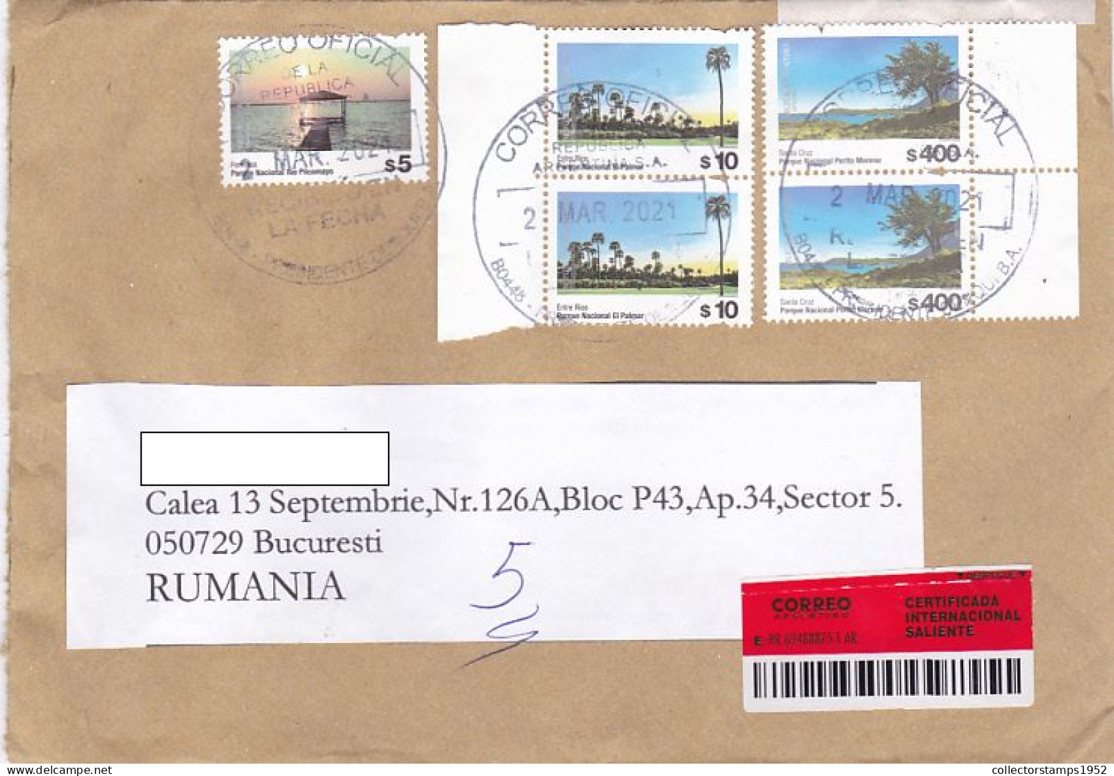 PIER, LANDSCAPES, FINE STAMPS ON REGISTERED COVER, 2021, ARGENTINA - Covers & Documents