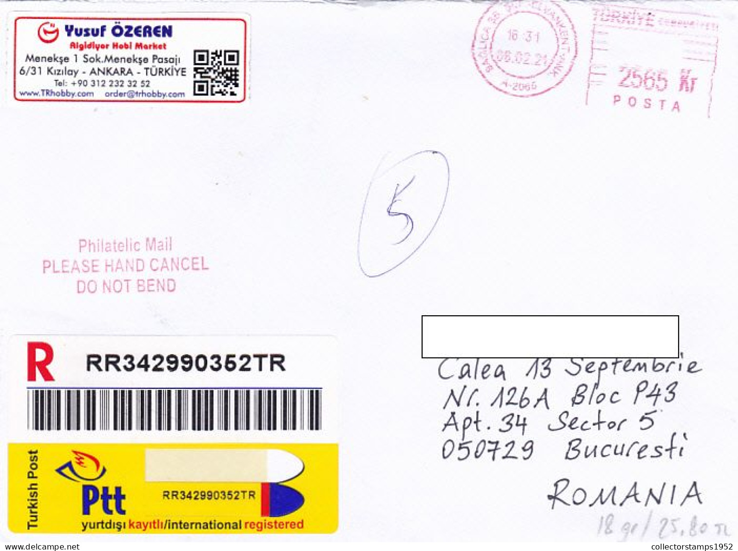 AMOUNT 2565, RED MACHINE STAMPS ON REGISTERED COVER, 2021, TURKIYE - Lettres & Documents