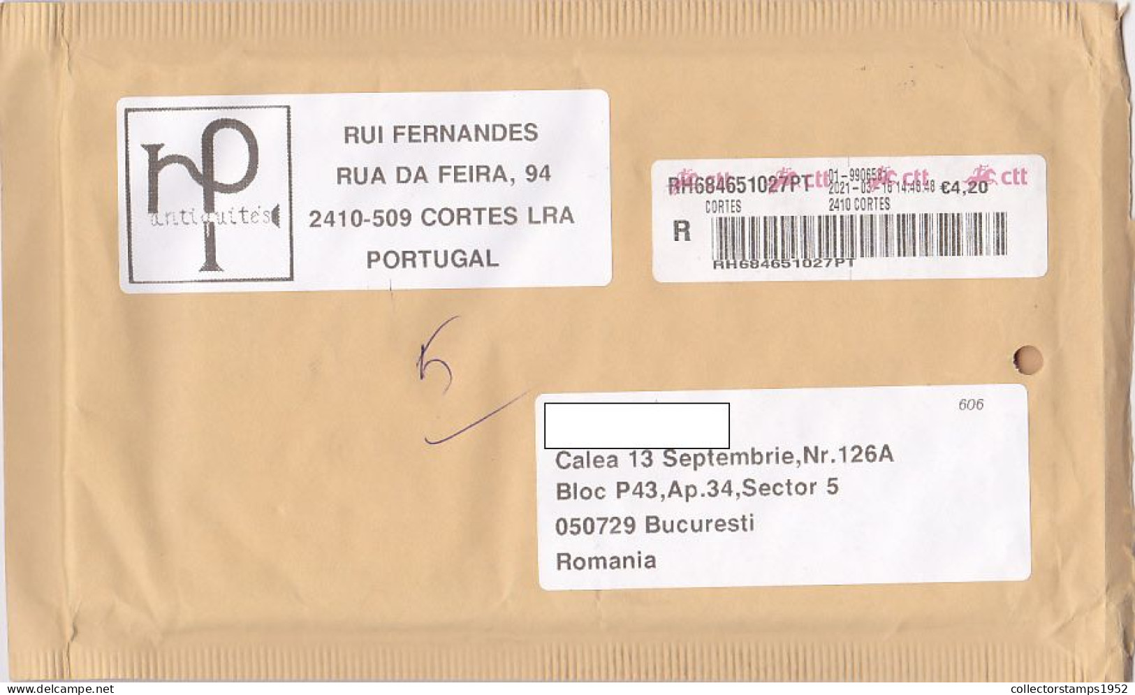 AMOUNT 4.20 MACHINE STICKER STAMPS ON REGISTERED COVER, 2021, PORTUGAL - Lettres & Documents