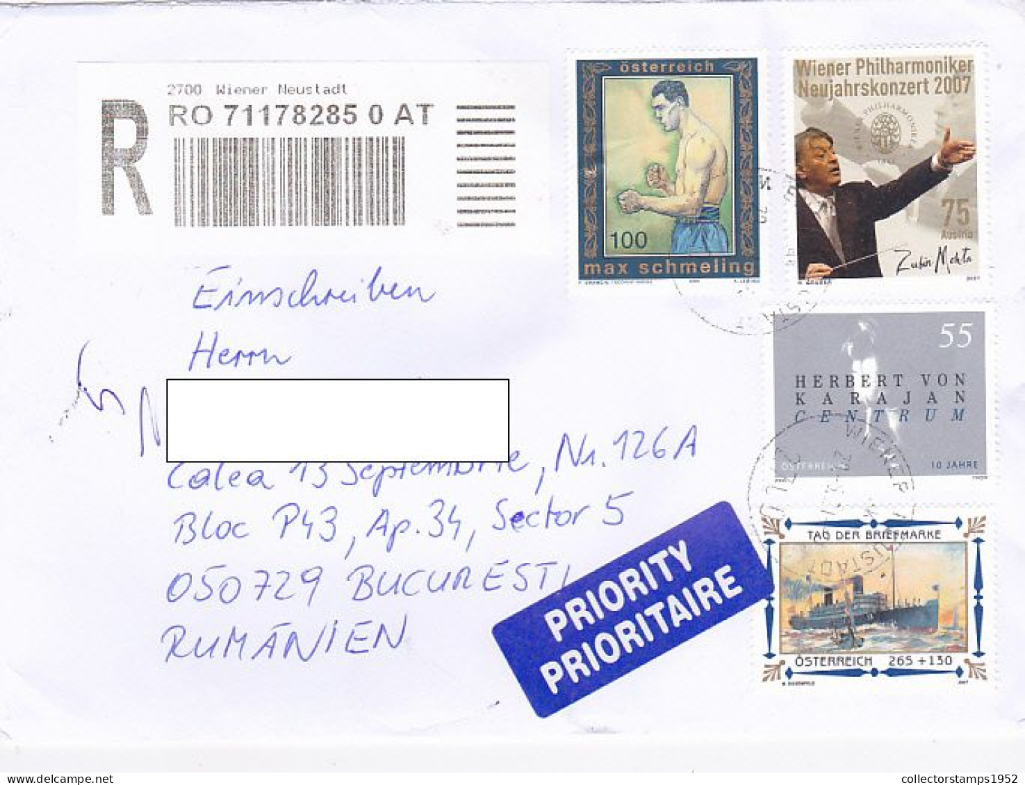 MAX SCHMELING- BOXER, PHILHARMONIC, CONDUCTOR, SHIP, FINE STAMPS ON REGISTERED COVER, 2021, AUSTRIA - Cartas & Documentos