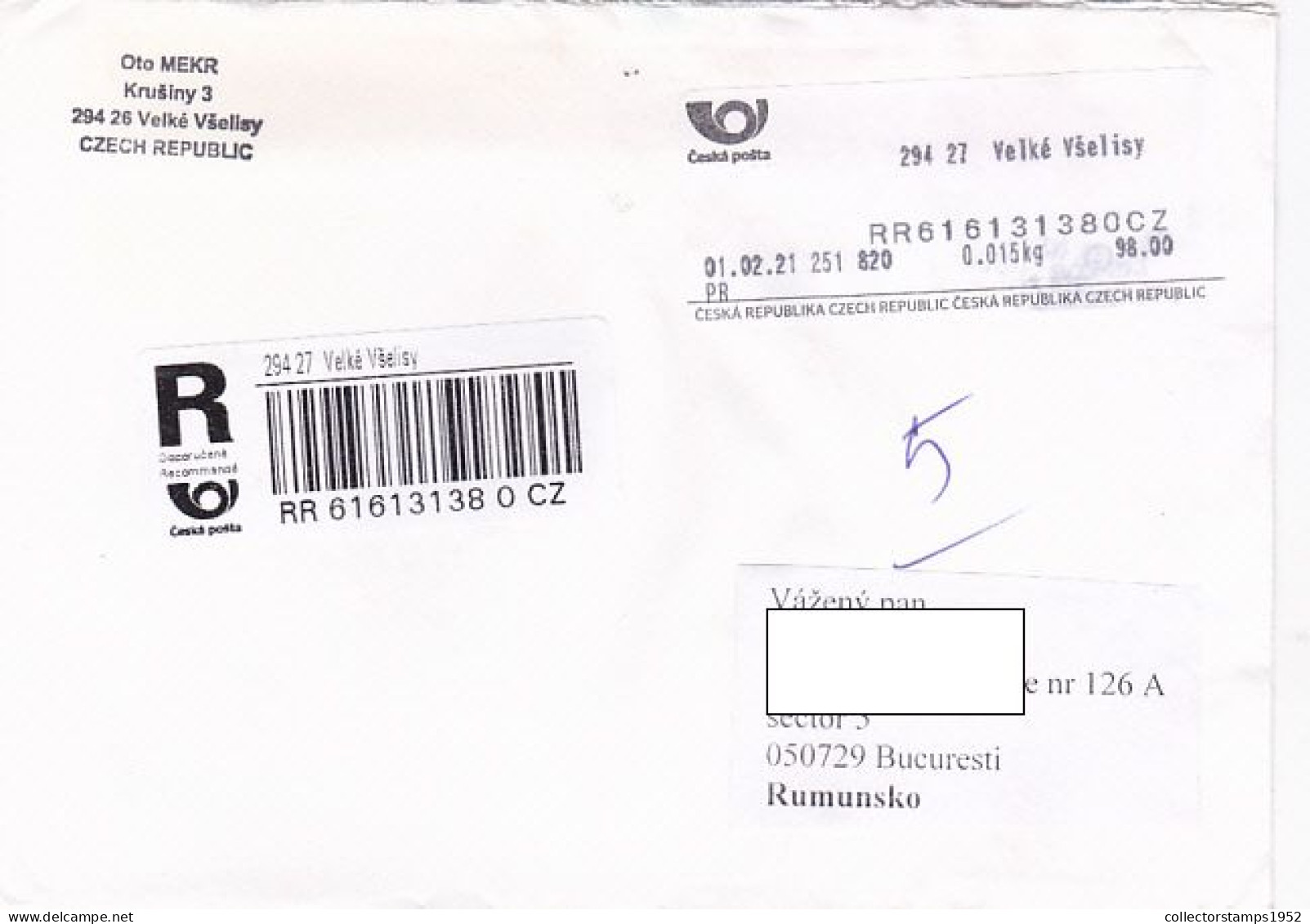 MACHINE PRINTED STAMPS ON REGISTERED COVER, 2021, CZECH REPUBLIC - Cartas & Documentos