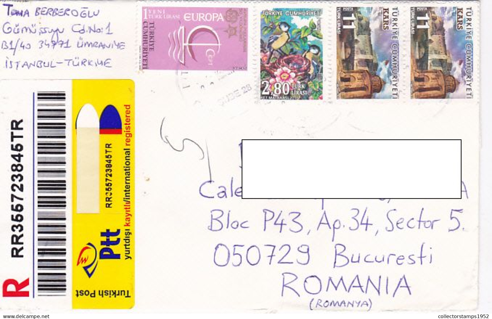 EUROPA CEPT, BIRDS, ARCHITECTURE, FINE STAMPS ON REGISTERED COVER, 2020, TURKEY - Lettres & Documents