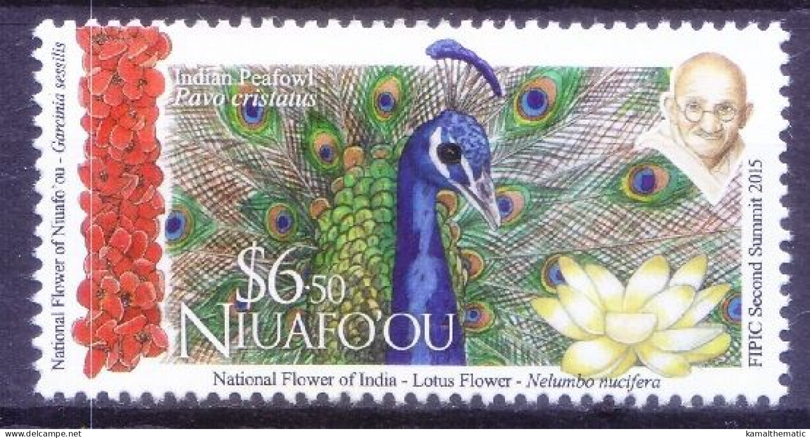 Niuafoou 2015 MNH, Gandhi, Indian Peacock, Birds, Lotus Flower - Pfauen