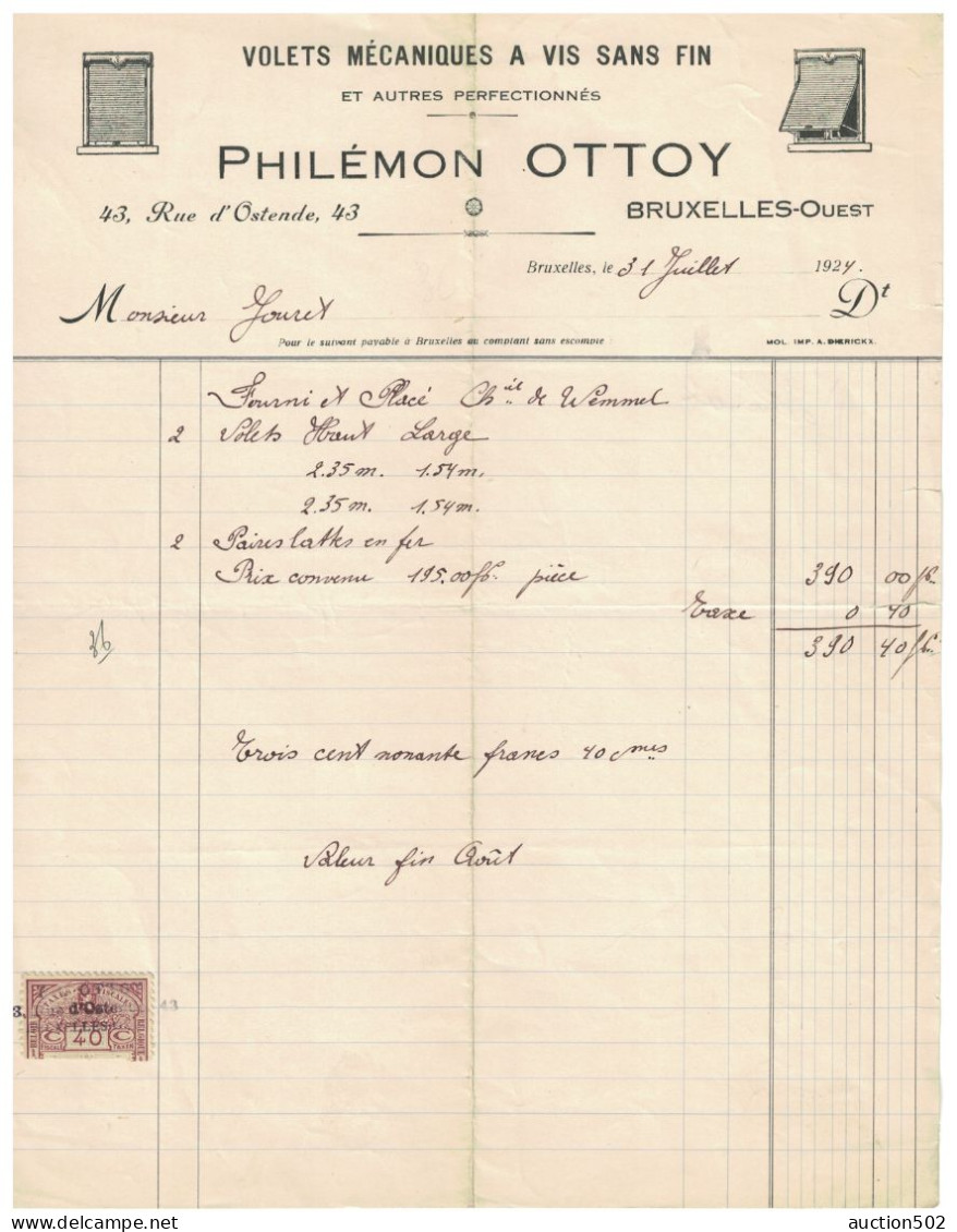Facture 1924 Bruxelles-Ouest Philémon Ottoy Volets Mécaniques à Vis Sans Fin + TP Fiscaux - Old Professions