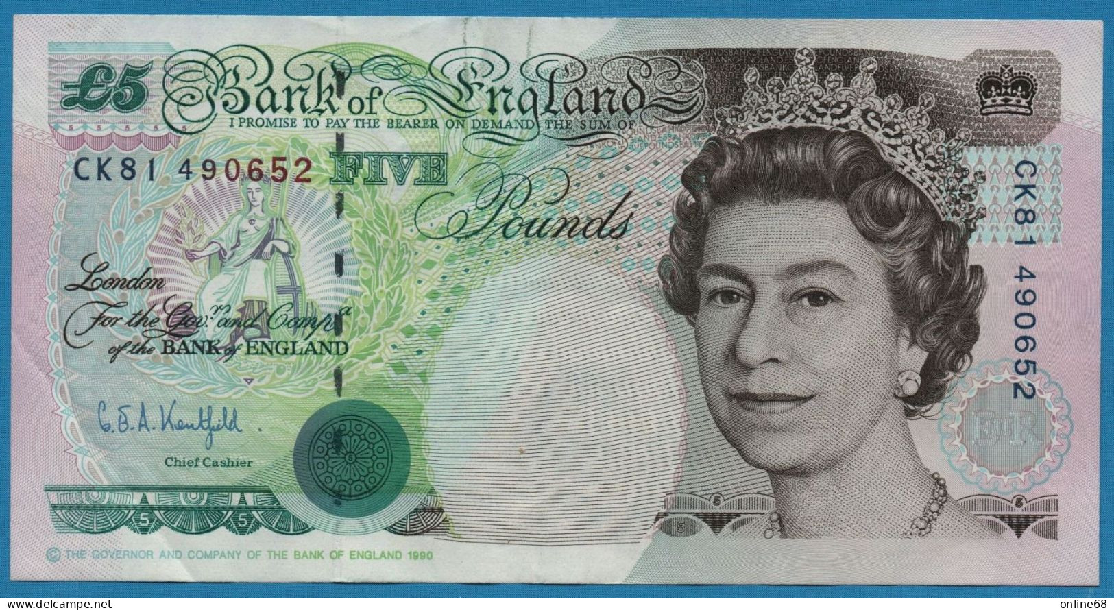 GREAT BRITAIN 5 POUNDS 1990 # CK81 490652 P# 382Aa Elizabeth II Signature: Kentfield - 5 Pounds