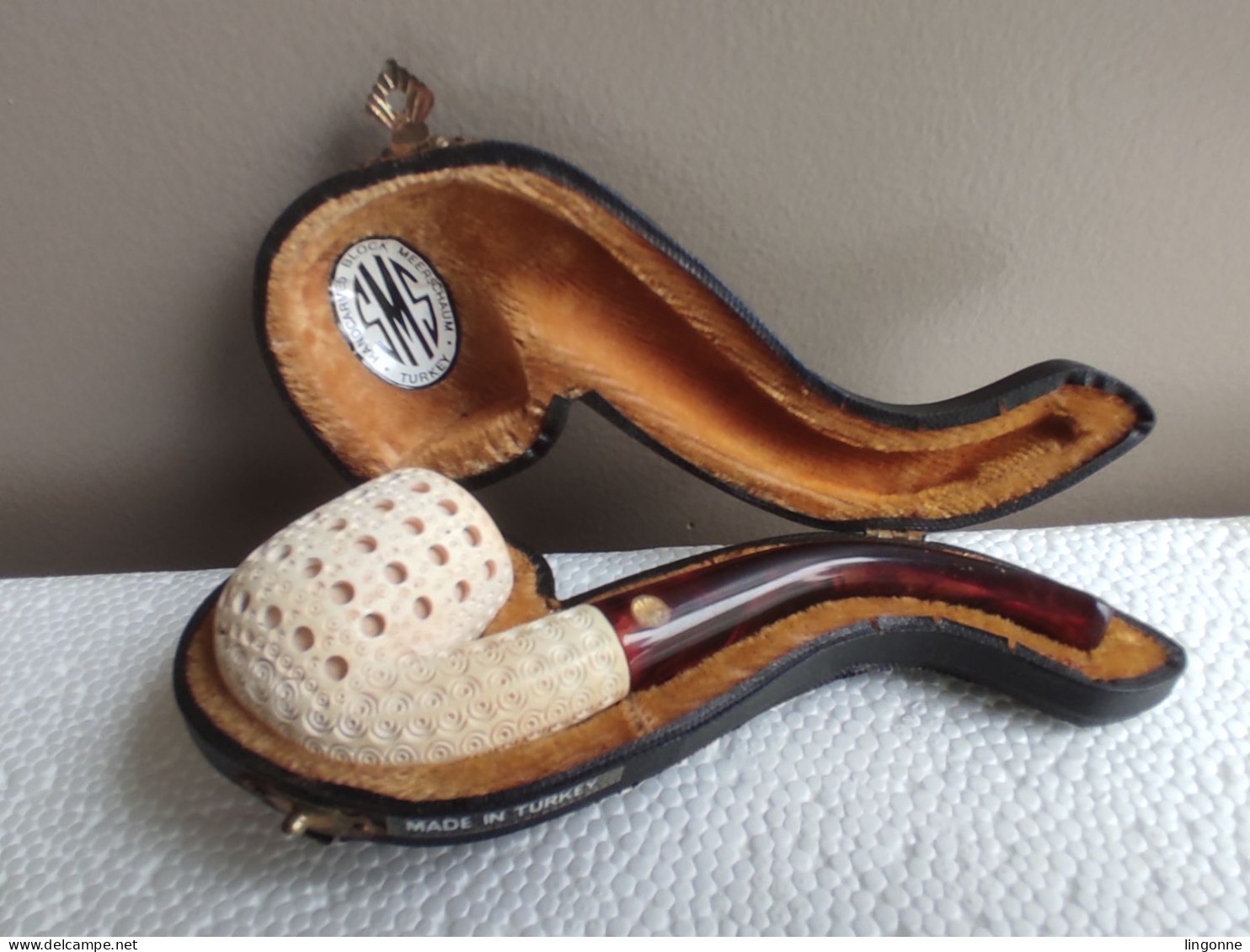 PIPE En écume De Mer Bloc Sculpté à La Main SMS Avec étui Ajusté Fabriqué En Turquie Poids : 53 Grammes - Meerschaum Pipes