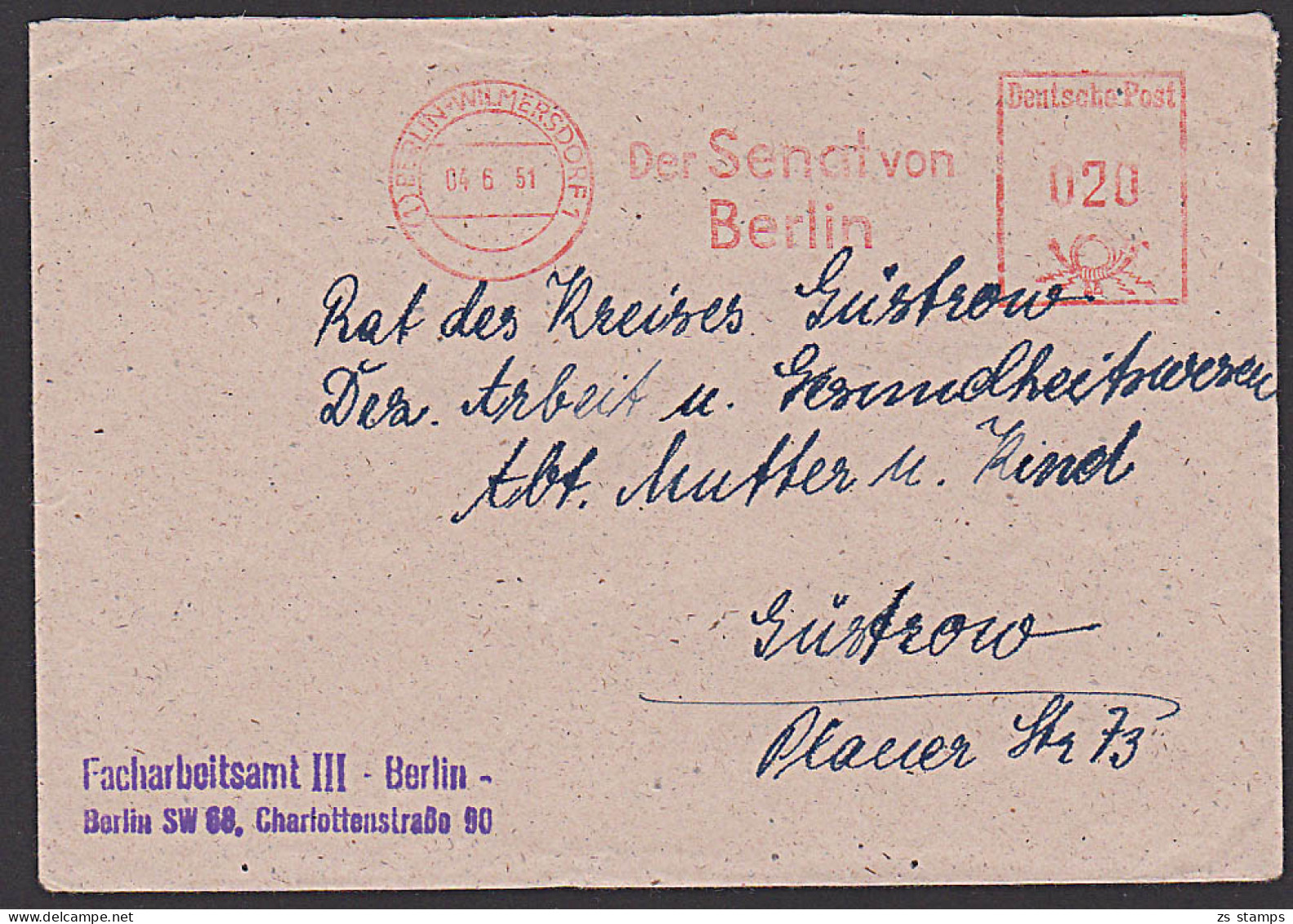 BERLIN-WILMERSDORF  AFS =020= Behörde "Der Senat Von Berlin" Nach Güstrow Facharbeitsamt - Frankeermachines (EMA)