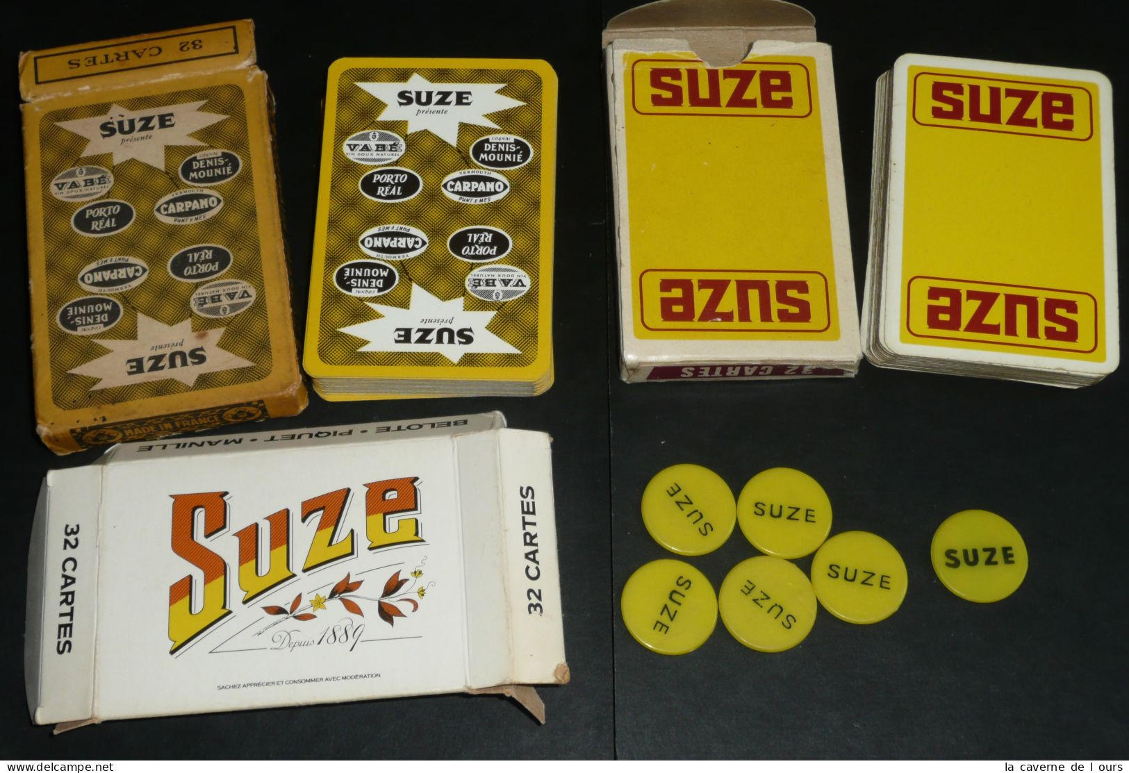 Rare Lot SUZE 2 Jeux De 32 Cartes, Publicitaire, Pub. 1 Boite Vide, 6 Jetons En Plastique - 32 Cartes