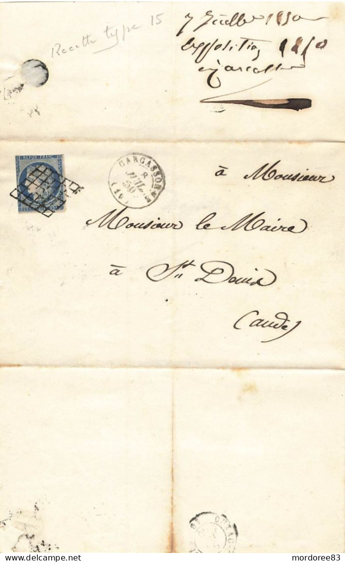 CERES 25C N°4 SUR LETTRE CARCASSONNE 8 JUIL 1850 POUR ST DENIS AUDE - 1849-1850 Ceres