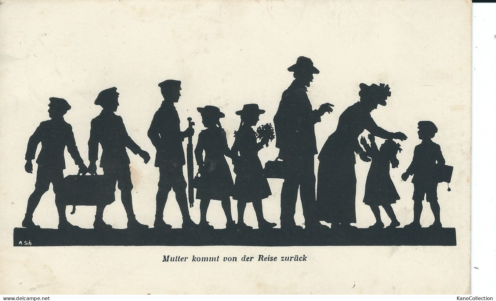 Silhouettekarte „Mutter Kommt Von Der Reise Zurück“, Gelaufen 1918 - Silhouettes