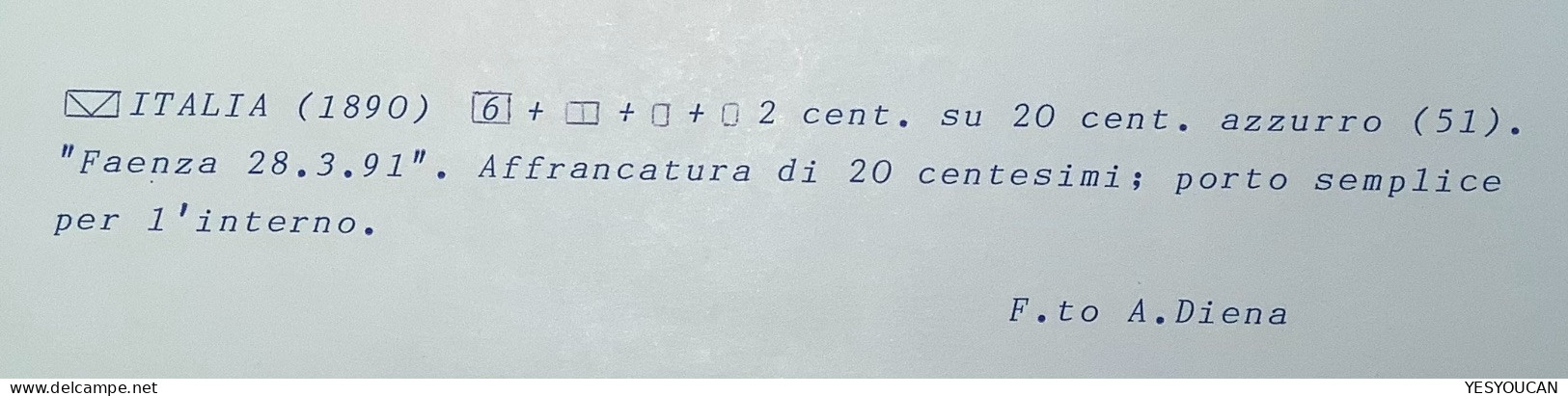 FAENZA 1891 (Ravenna, Emilia Romagna)Sa51 Lettera>Bologna EX PROVERA (Regno D‘ Italia Stampe Pacchi Postali Italy Cover - Marcophilia