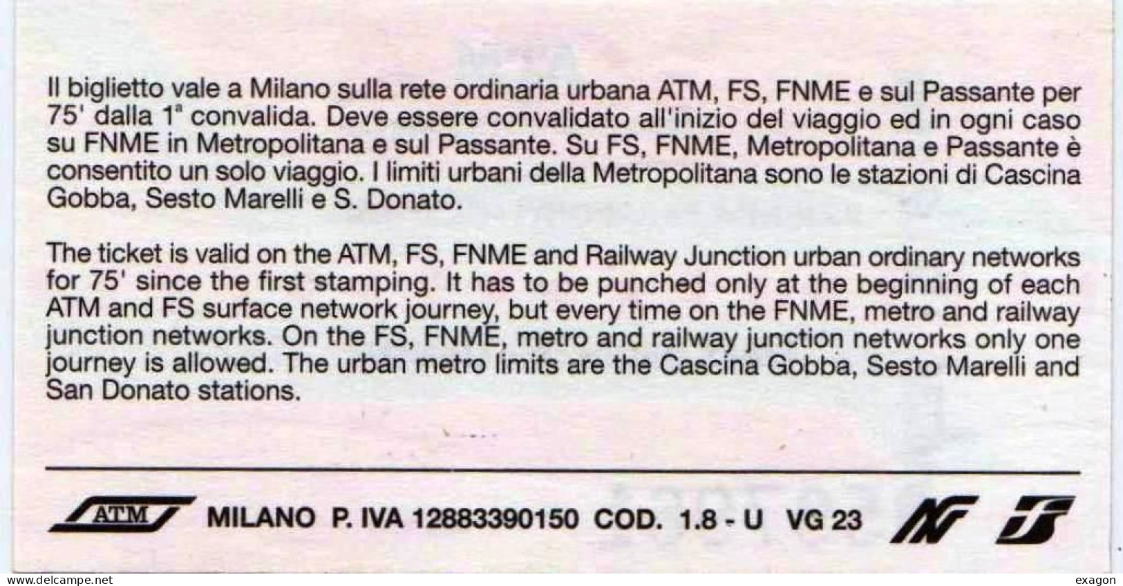 Biglietto  LINEE ORDINARIE URBANE -   Città Di   MILANO  - Anno  2015 - Stock 105 - Europa
