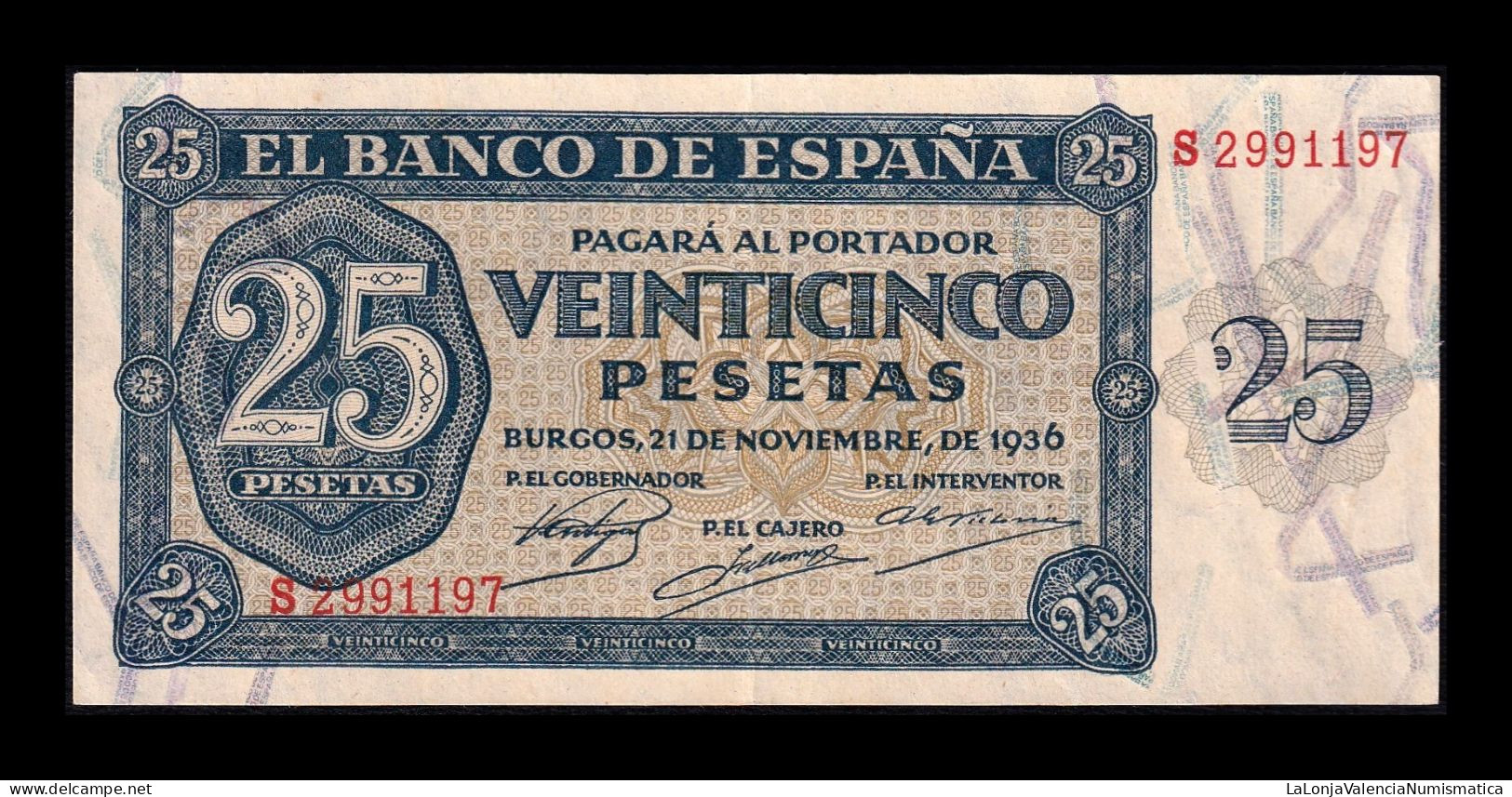 España Spain 25 Pesetas Burgos 1936 Pick 99a Serie S Ebc/+ Xf/+ - 25 Pesetas