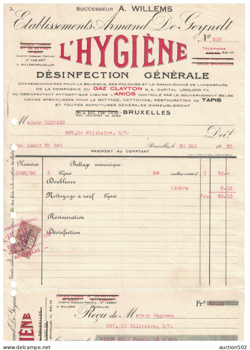 Facture 1925 Bruxelles Ets Armant De Geyndt L'Hygiène Désinfection Générale + Son Reçu Attaché  + TP Fiscaux - Petits Métiers