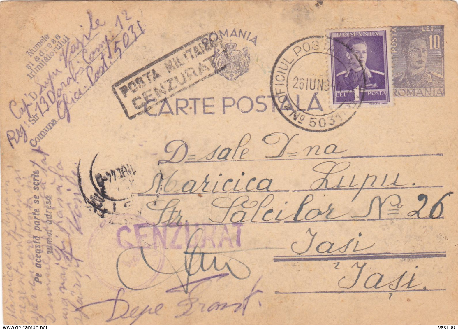 Romania, 1944, WWII Military Censored CENSOR ,POSTCARD STATIONERY,TO IASI,OPM #5031 - 2. Weltkrieg (Briefe)