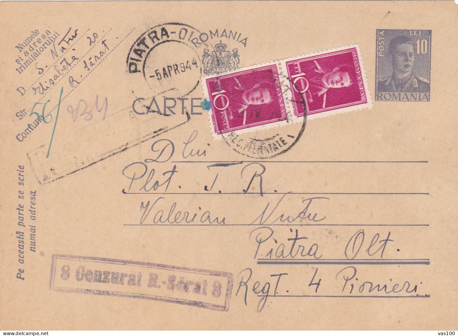 Romania, 1944, WWII Military Censored CENSOR ,POSTCARD STATIONERY,FROM PIATRA-OLT TO RAMNICU-SARAT 8 - World War 2 Letters