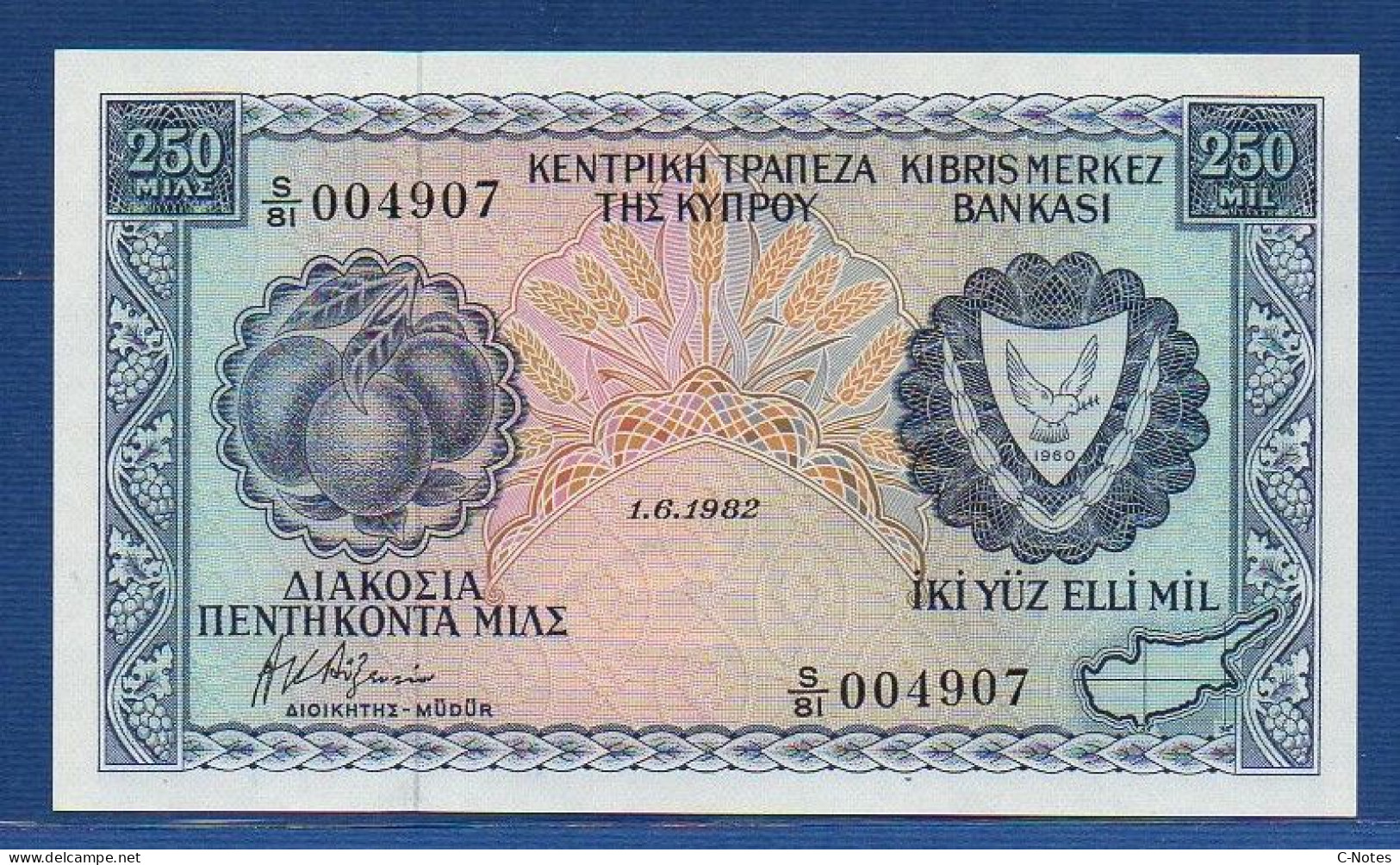 CYPRUS - P.41c – 250 Mils / Mil 1.6.1982 UNC, S/n S/81 004907 - Zypern